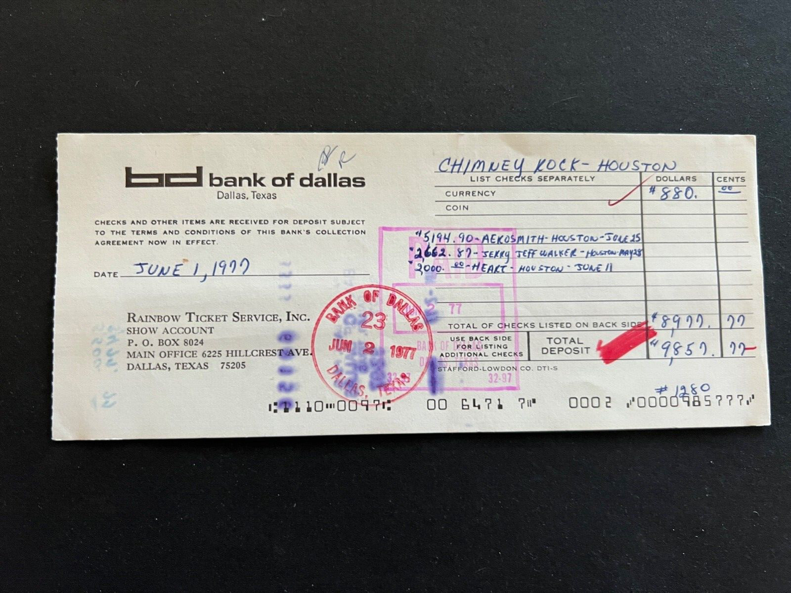 Aerosmith Jerry Jeff Walker Heart Bank Deposit from 10k of Ticket Sales Texas 77