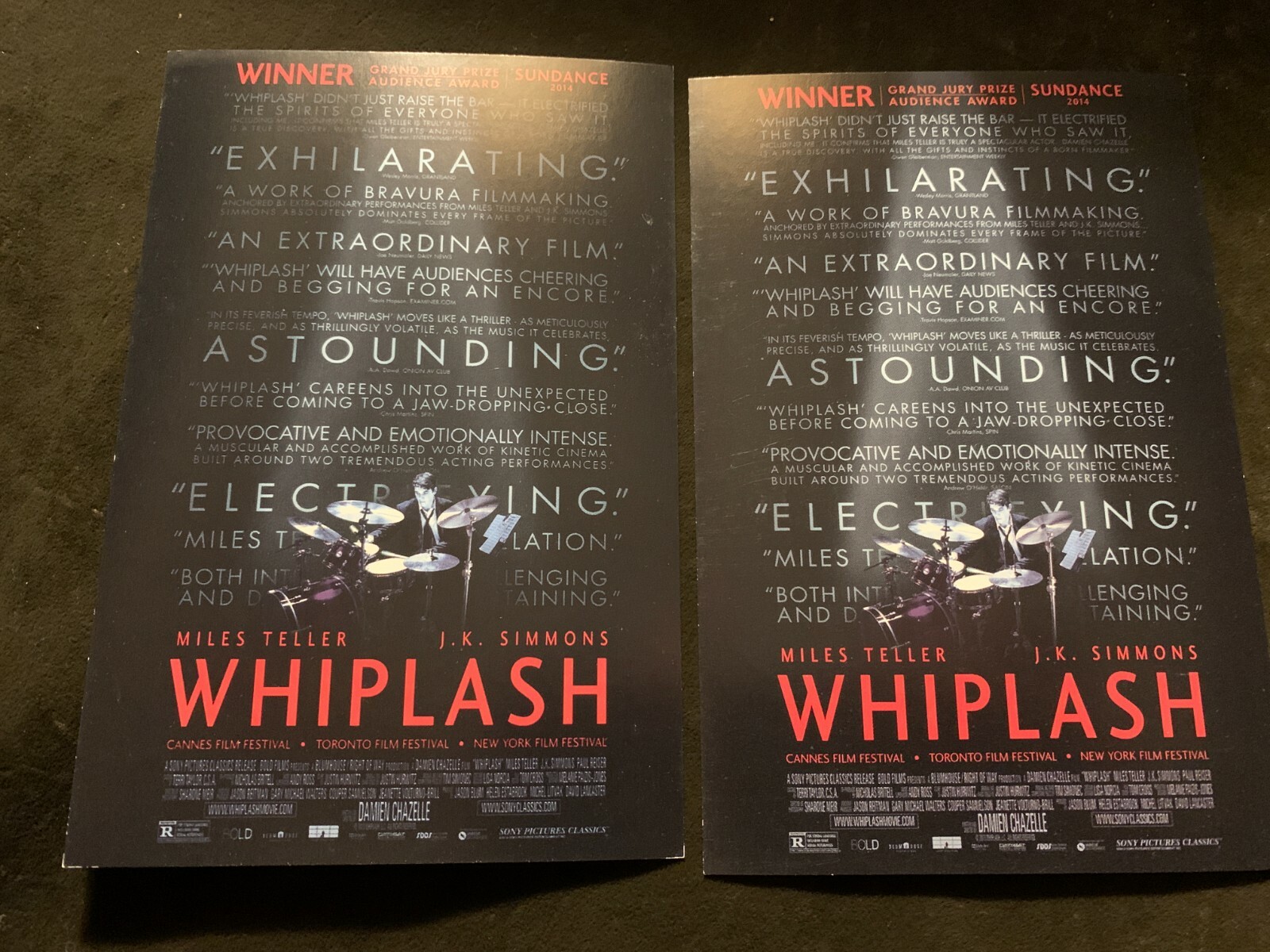 WHIPLASH lot of 2 rare Movie promo postcards 2014 Miles Teller JK Simmons