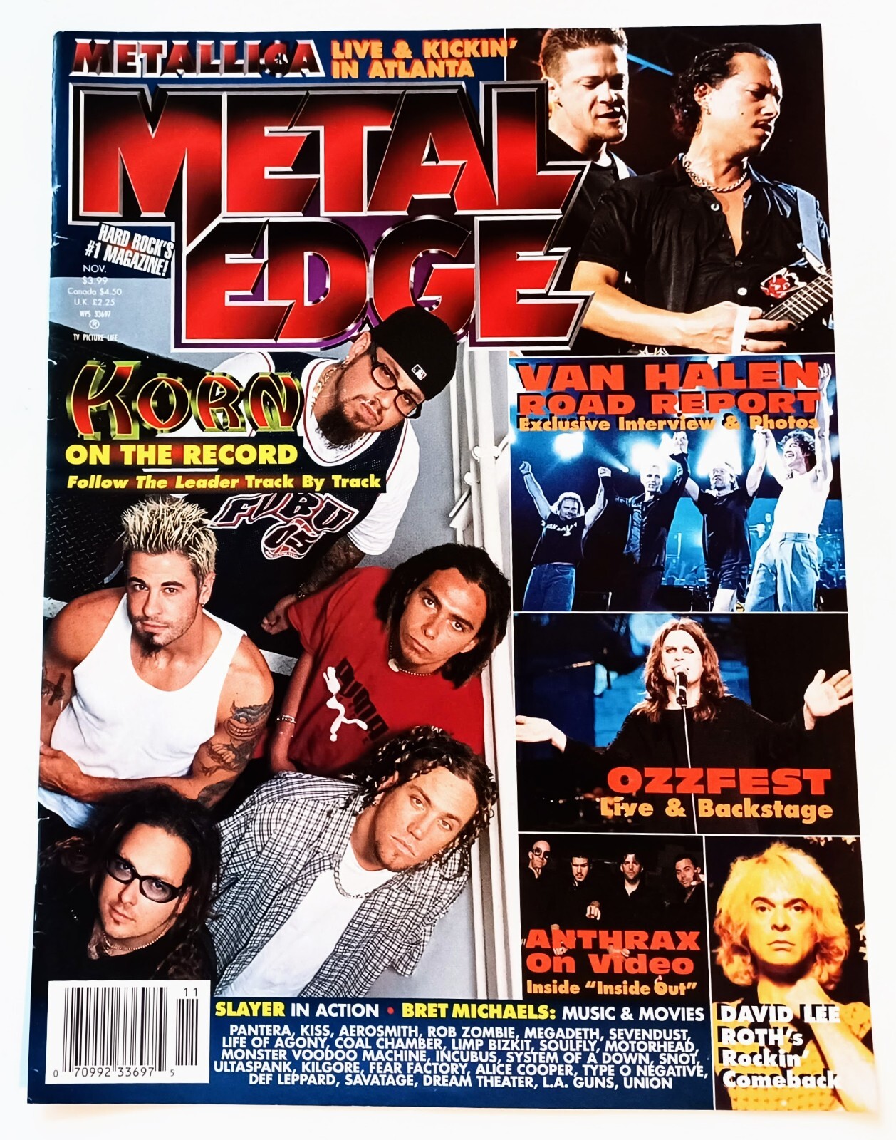 1998 METAL EDGE MAGAZINE~COVER ONLY~KORN JONATHAN DAVIS~POSTER PINUP WALL ART