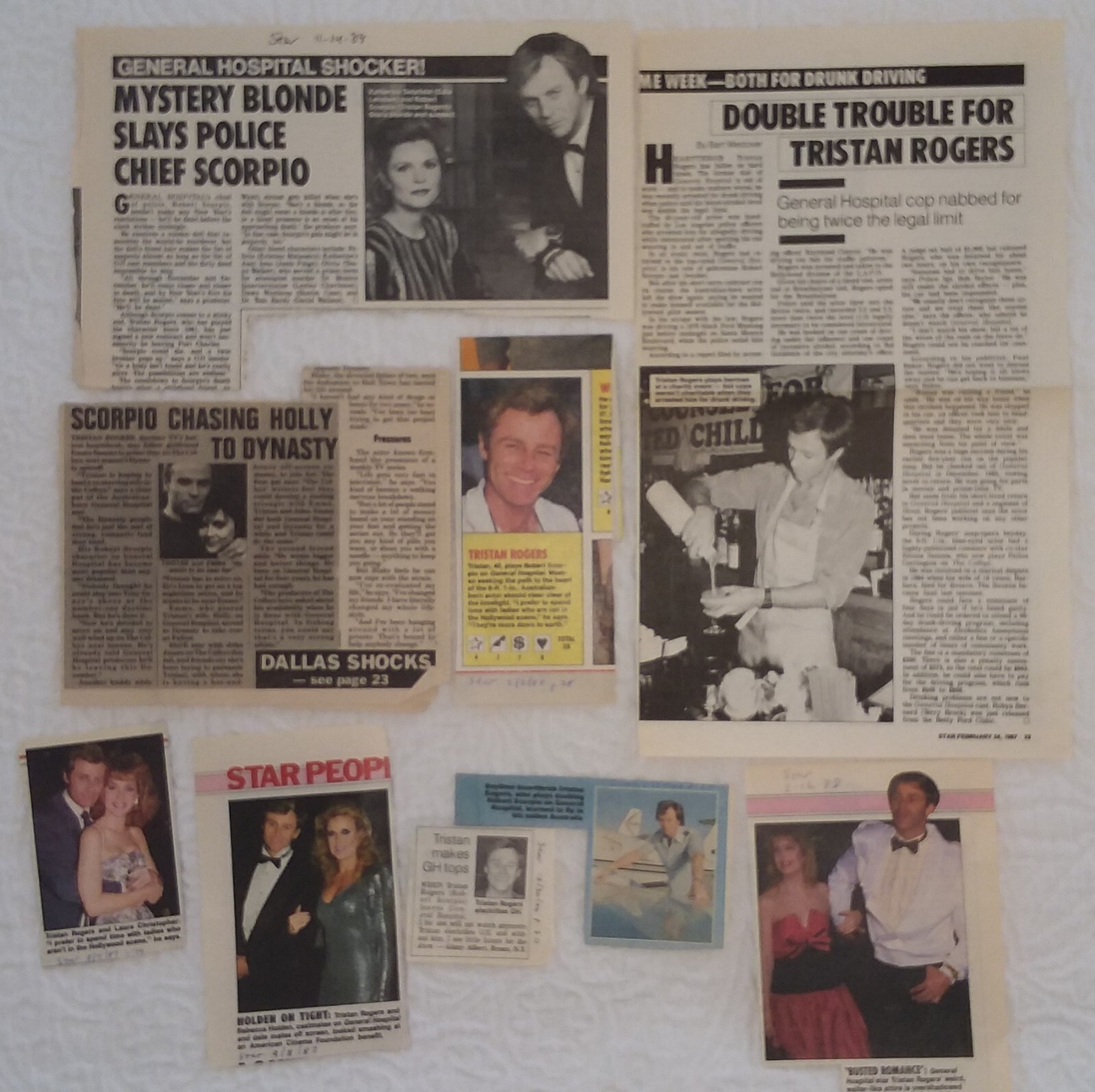 Tristan Rogers collection autographed index card and 9 clippings from 1986-1988