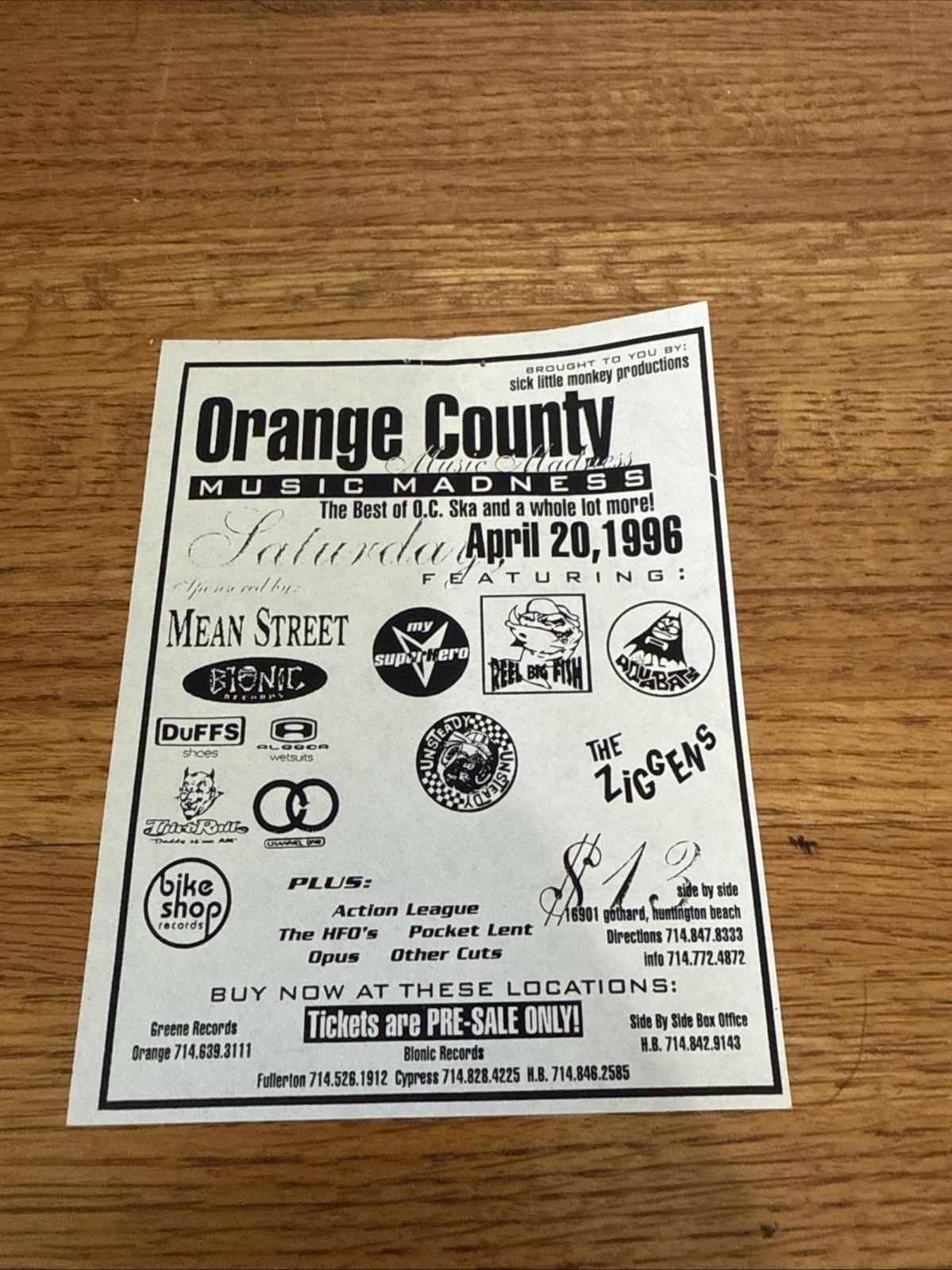 Vintage Orange County Music Madness 1996 Concert Show Flyer Ziggens RBF Unsteady