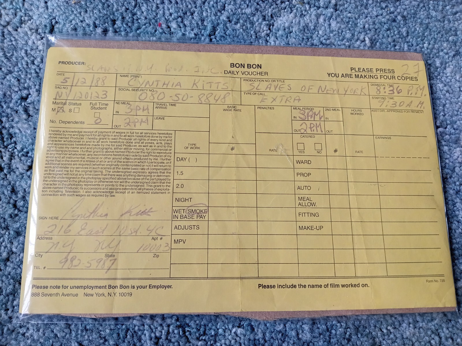 Vintage 1989 SLAVES OF NEW YORK BON BON EXTRA DAILY VOUCHER NY