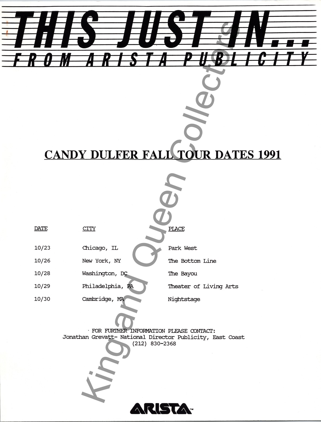 Candy Dulfer 1991 Original Arista Publicity Press Kit Tour Information Sheet