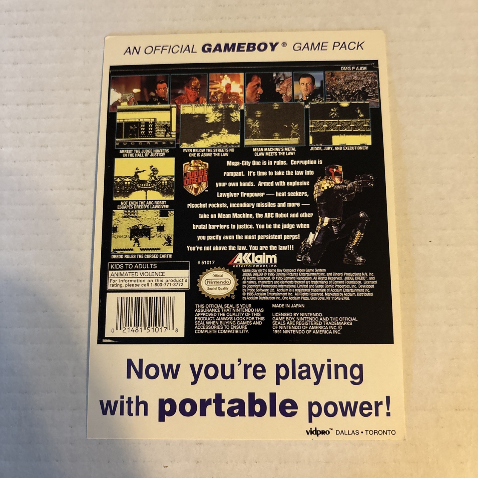 GameBoy Judge Dredd VIDPRO Card Toys R Us Display Card Rare