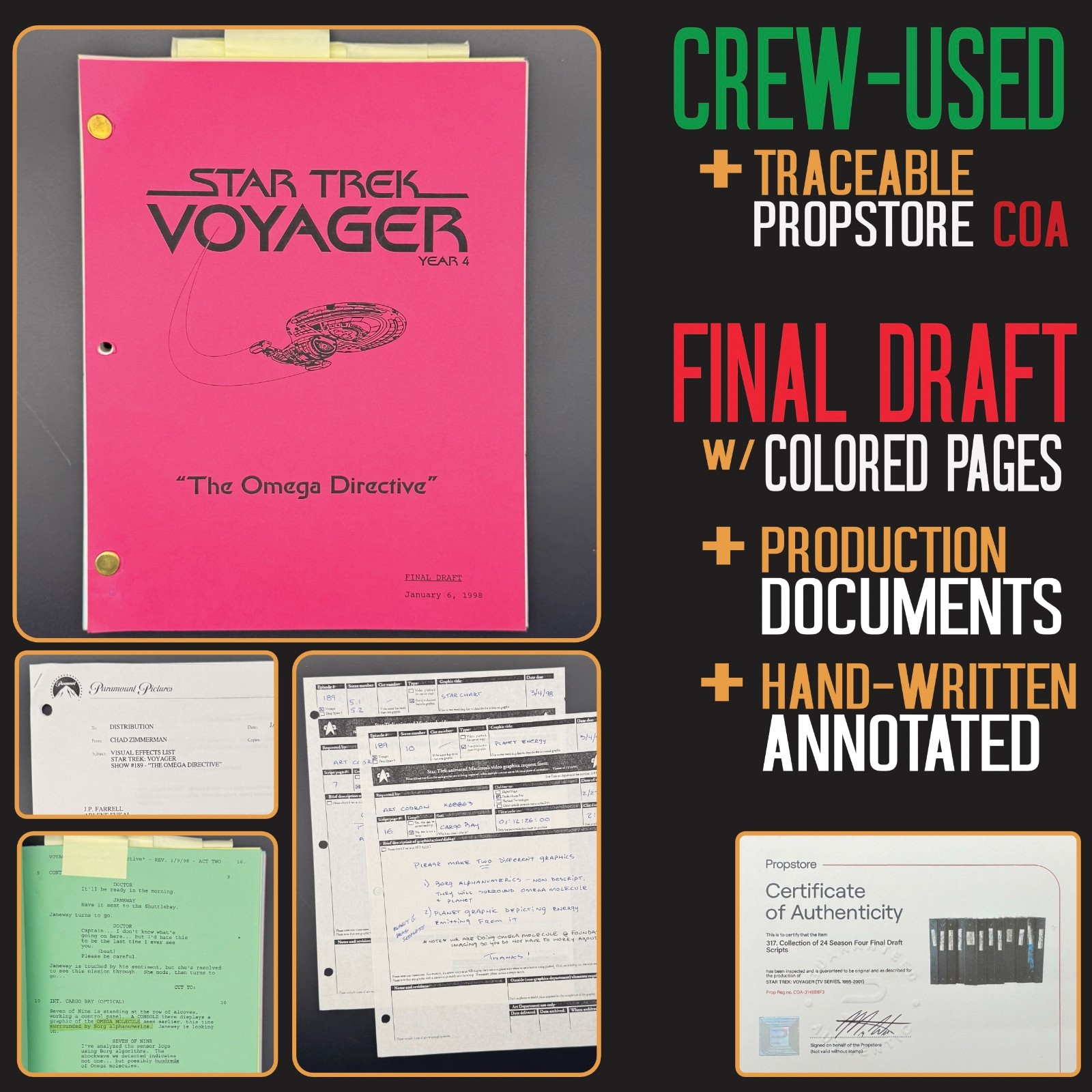 Star Trek Voyager Script LOT w/Prod.Docs |CREW-Used w/COA| The Omega Directive