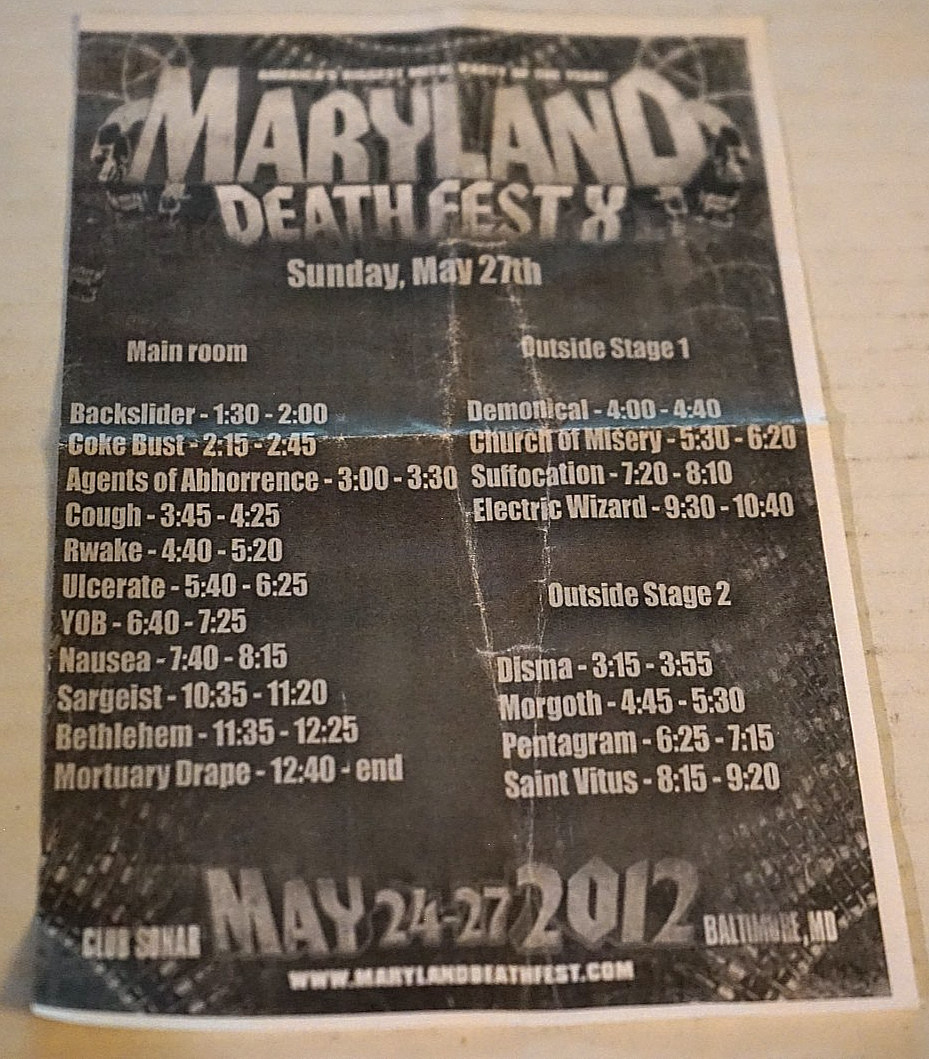 Maryland Death Fest X Sunday May 27 2012 Hand Bill Band Schedule Pentagram Vitus