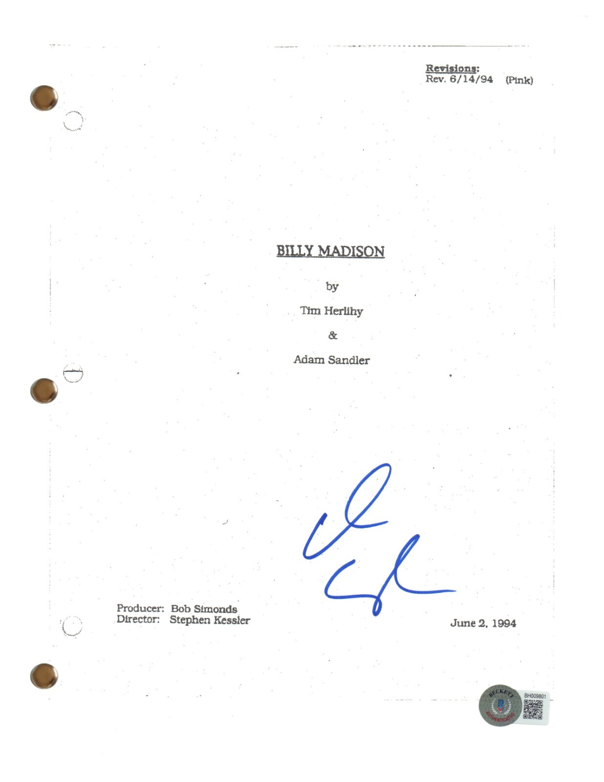 Adam Sandler Signed Autograph Billy Madison Movie Script Screenplay Beckett COA