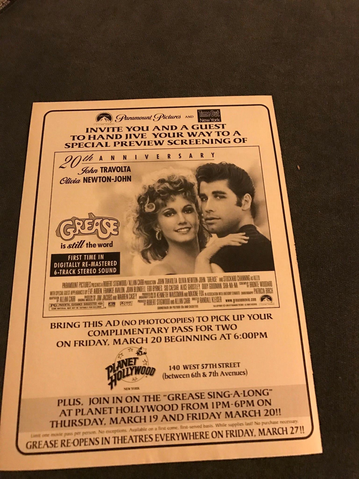 1998 MOVIE PROMO 8X11 PRINT Ad FOR THE GREASE 20TH ANNIV, PREVIEW SCREENING