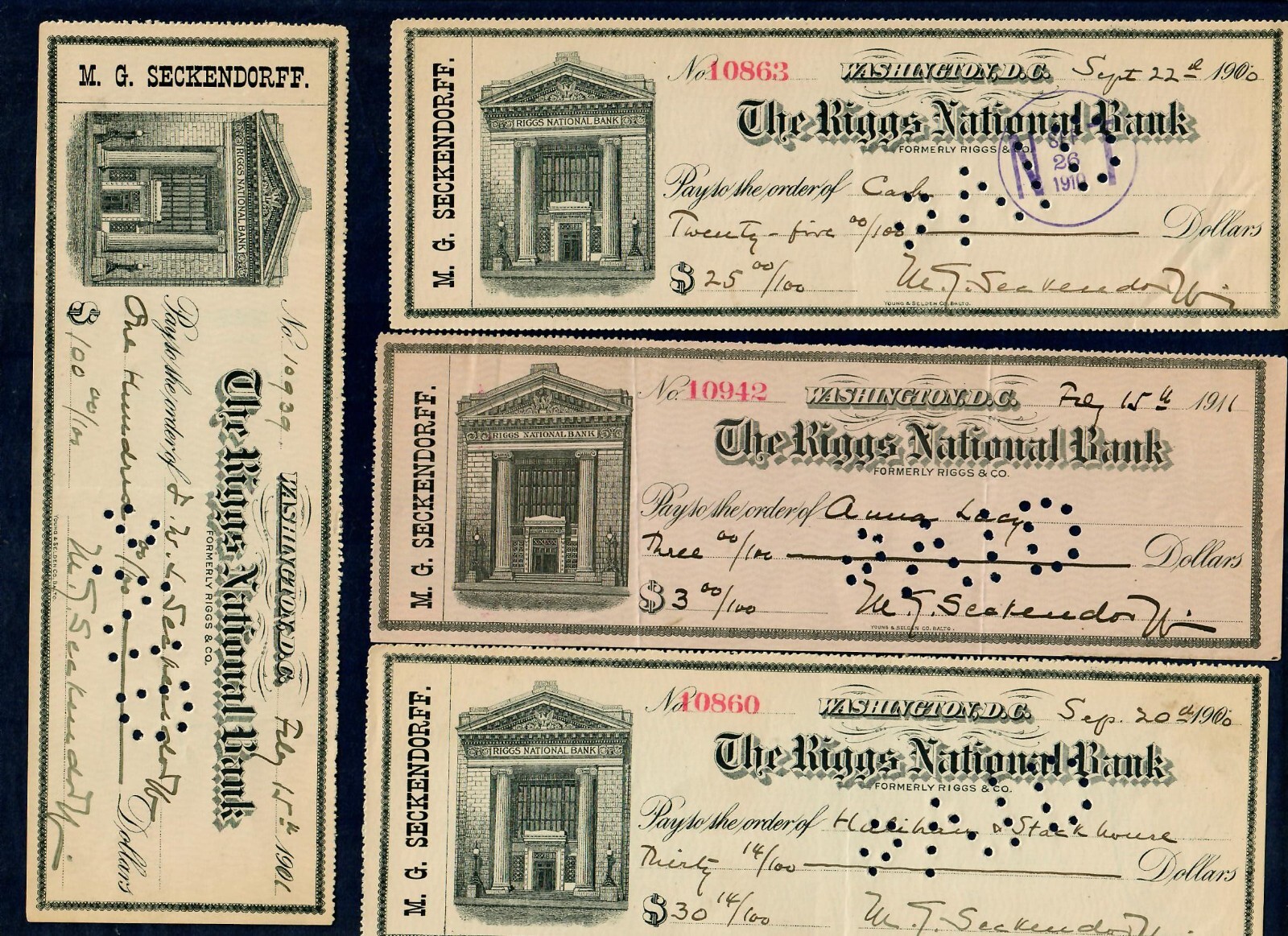 “NY Tribune” Max Seckendorff Lot Of 7 Hand Signed Checks Dated Early 1900’s