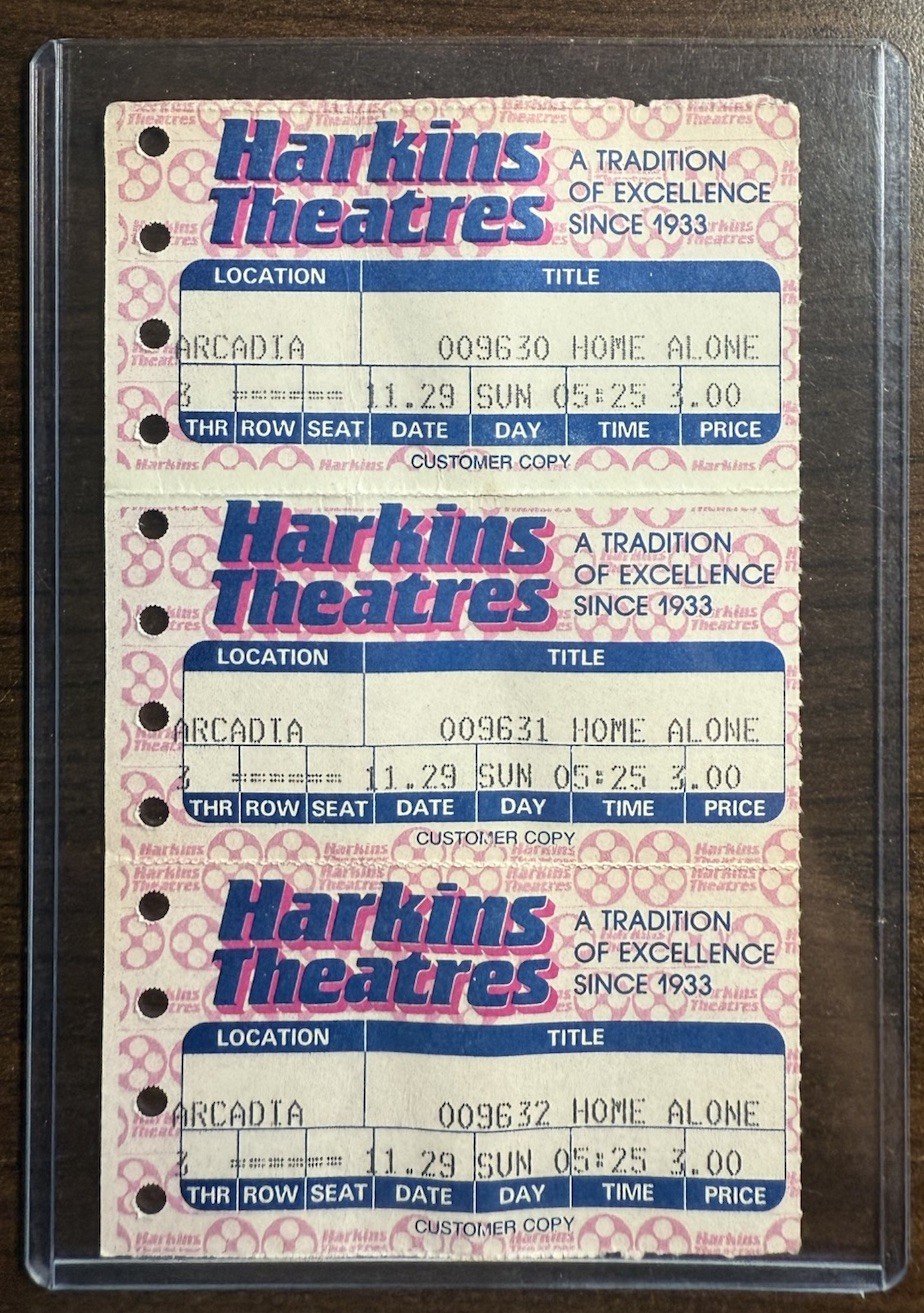 Home Alone Movie Ticket Stub Uncut 3 Tickets Harkins Theatre Arcadia 11/29/1992