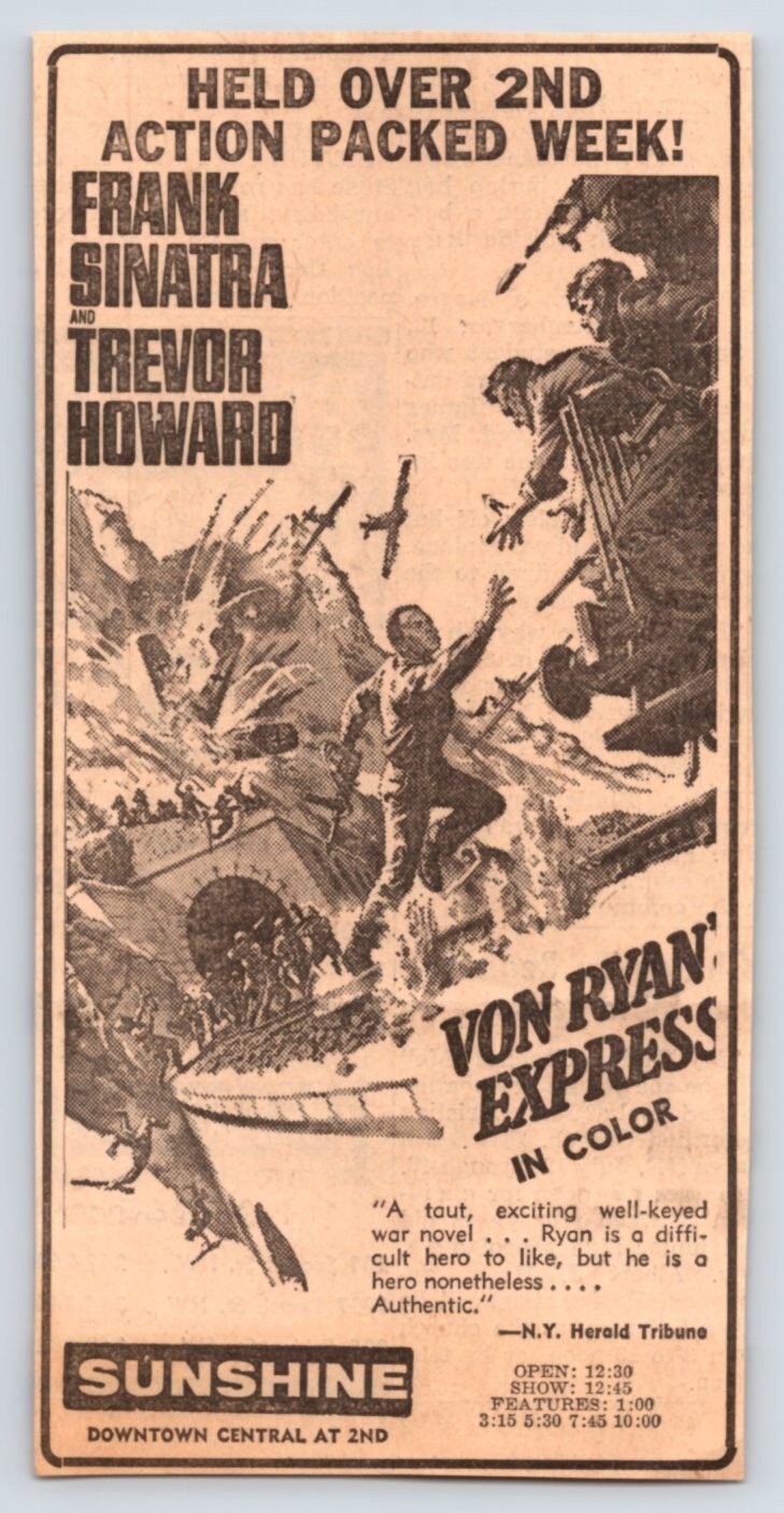 1965 FRANK SINATRA VON RYAN’S EXPRESS MOVIE AD 3.5″X6.5″ Newspaper EBS29