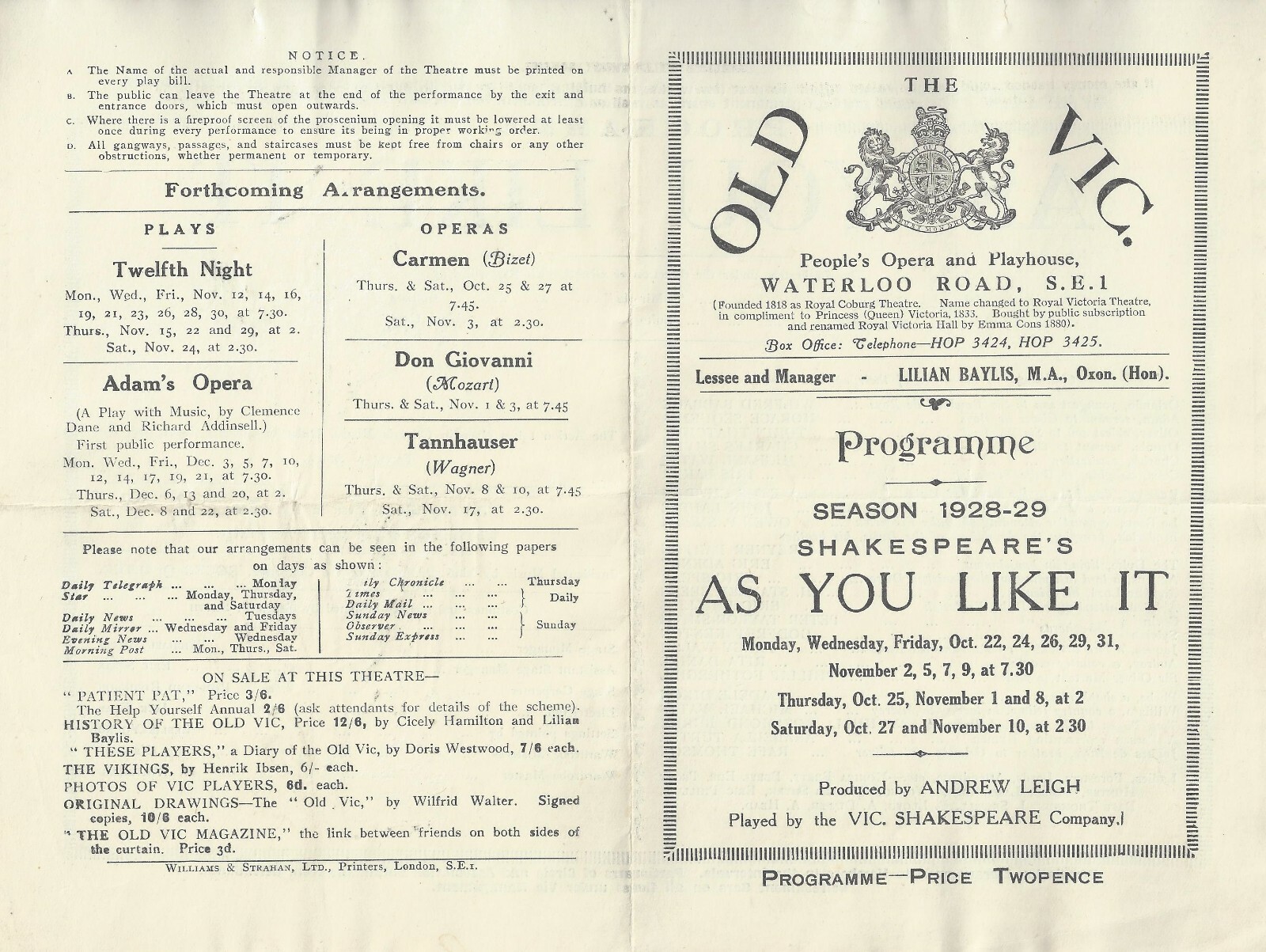 Adele Dixon “AS YOU LIKE IT” Torin Thatcher / Old Vic Co. 1928 London Playbill