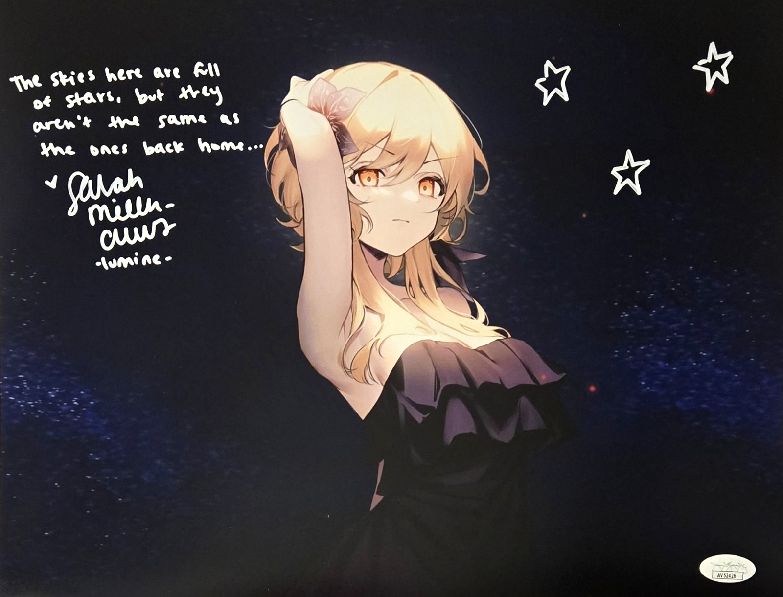 Lumine Signed Photo Genshin Impact Autograph Sarah Miller Crews Waifu JSA COA 26