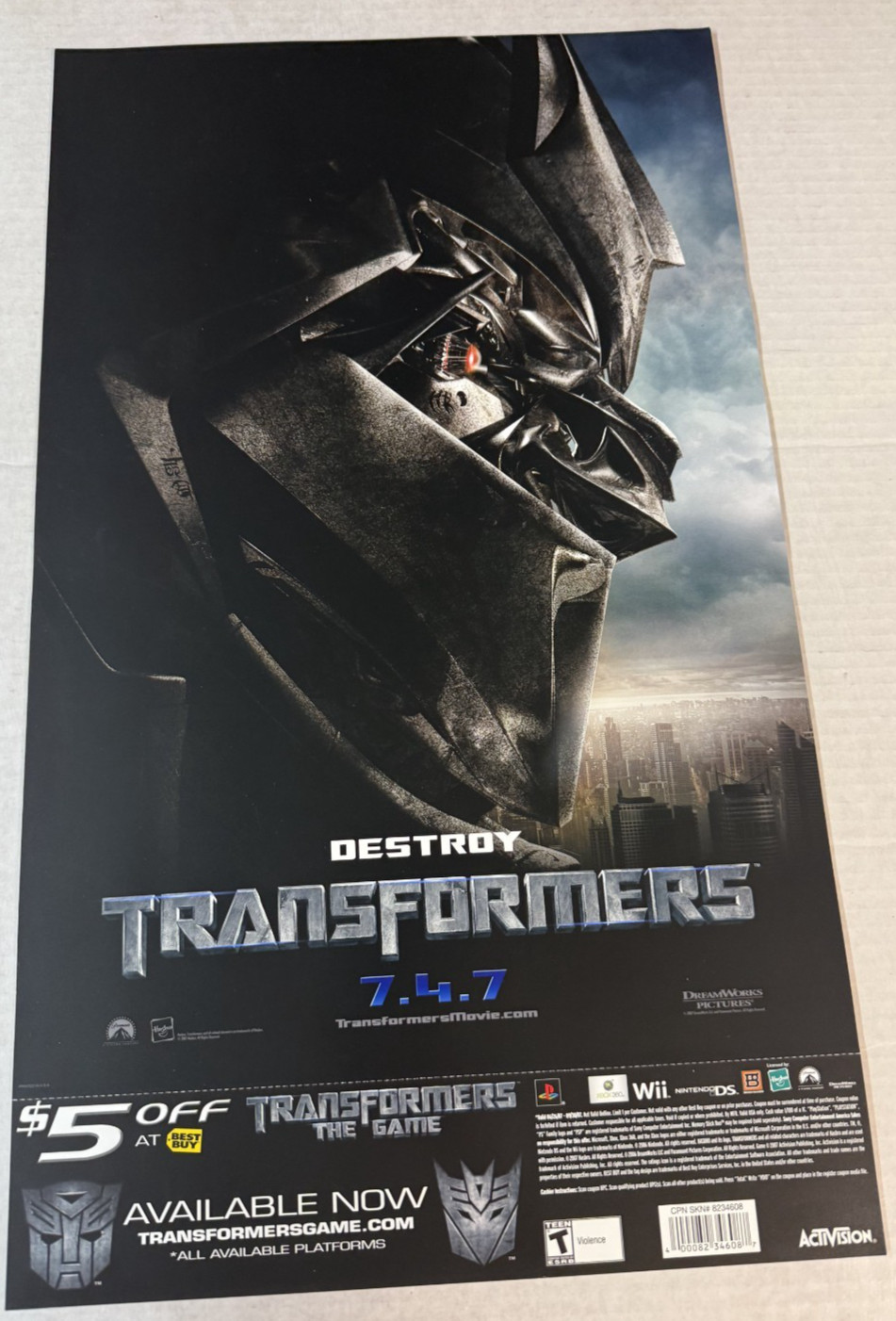 TRANSFORMERS – 13.5″x24 Original Promo Movie Poster 2007 Protect MEGATRON