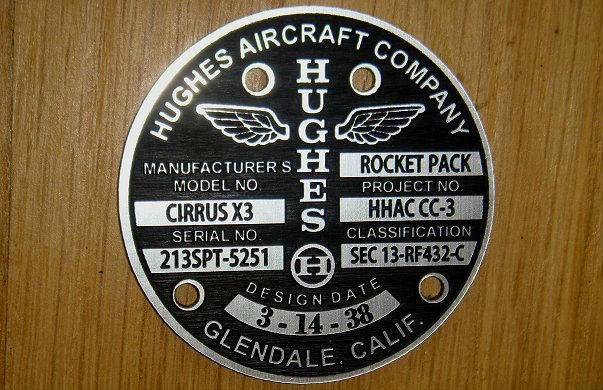 CUSTOM ROCKETEER ROCKETPACK SERIAL DATA PLATE PROP JETPACK JET PACK ROCKET