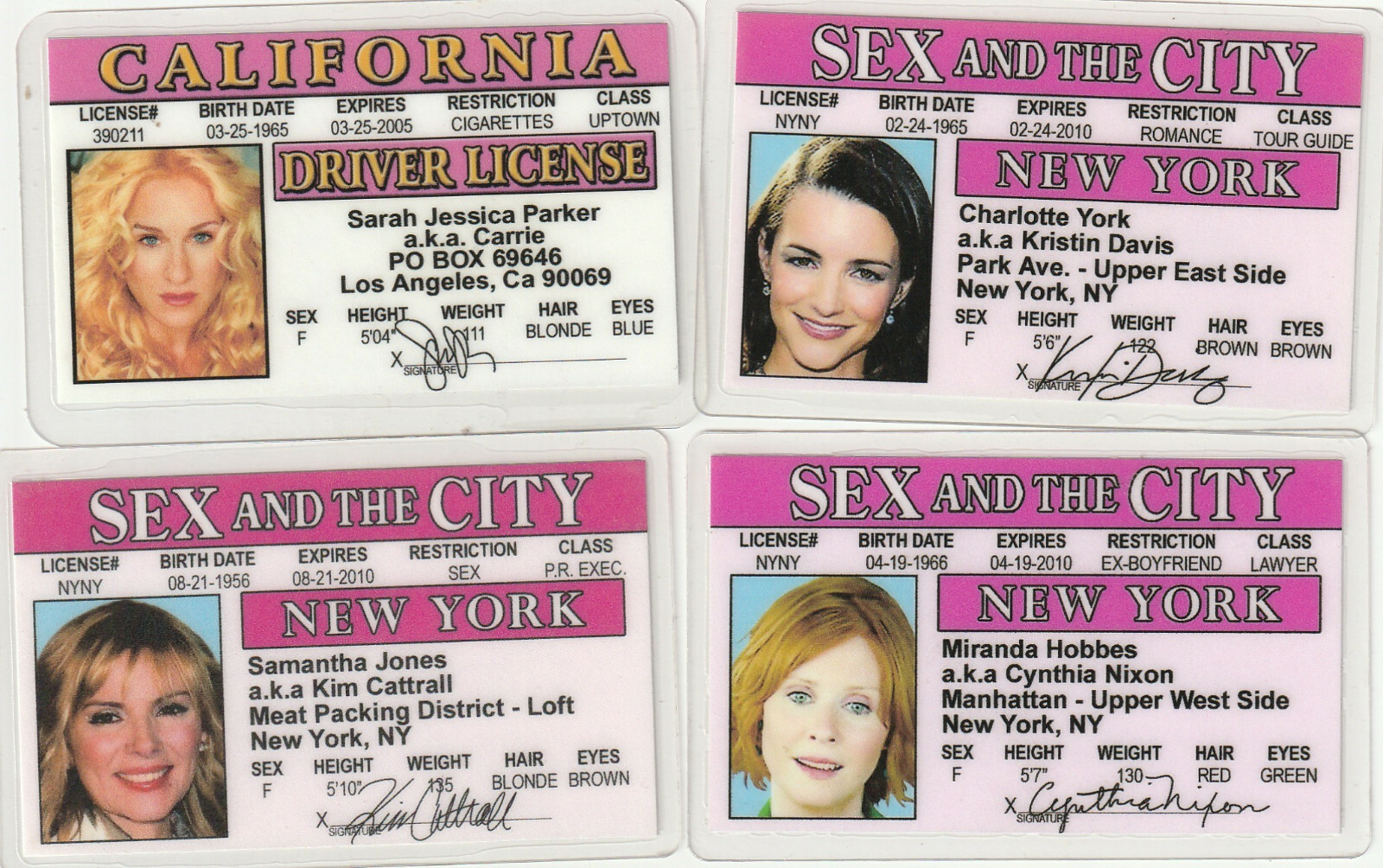 Set of 4 sex in the city NEW YORK Identification ID Card id card