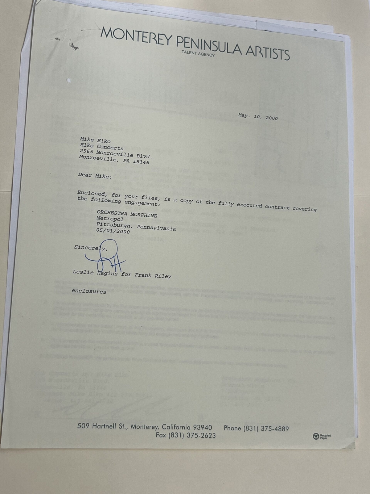 Orchestra Morphine Concert Contract 2000 Pittsburgh PA