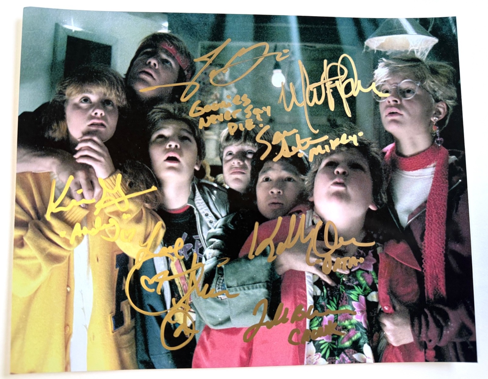 THE GOONIES photo cast signed by all SEAN ASTIN w/ Goonies Never Say Die quote!