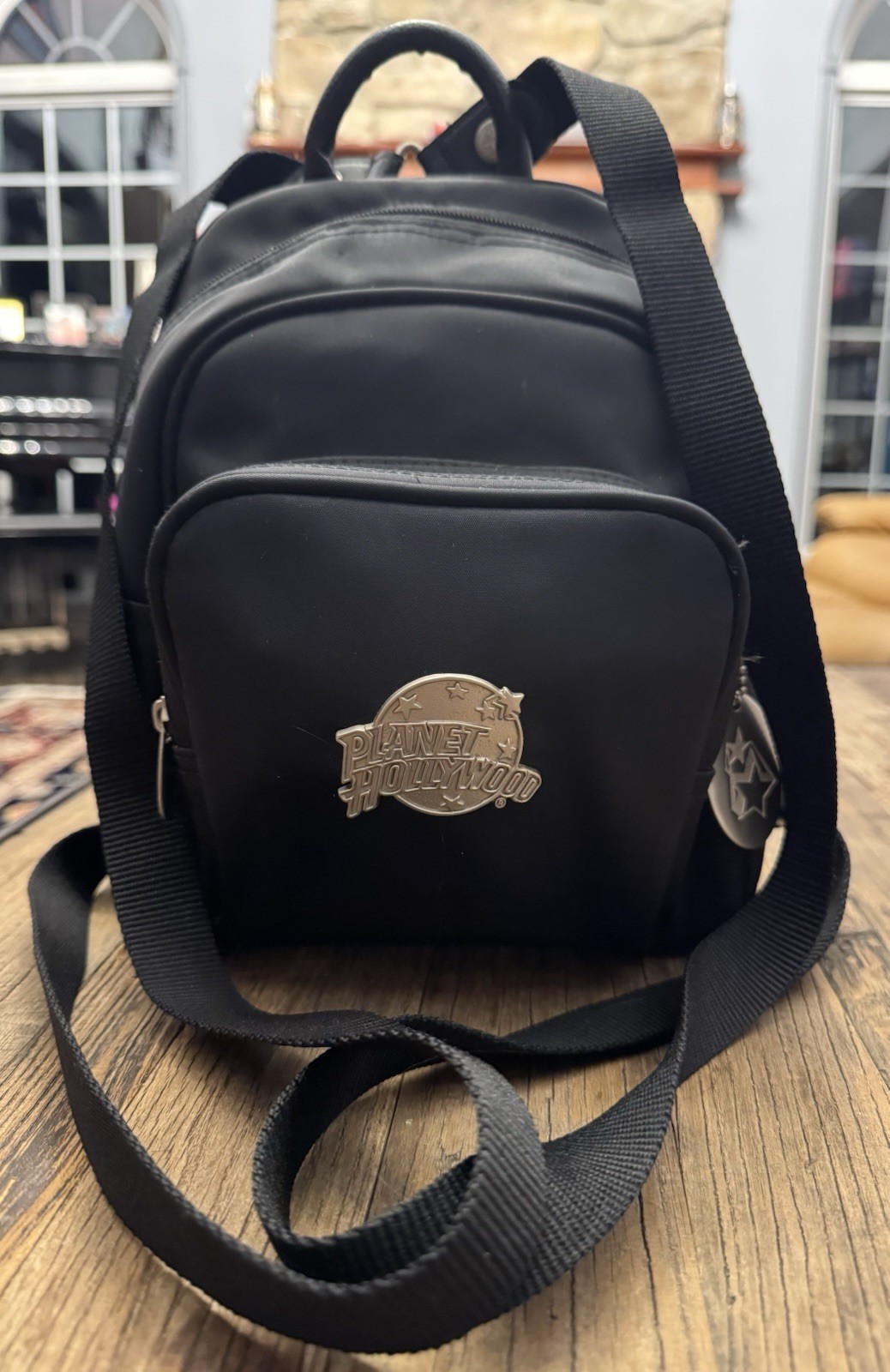 Planet Hollywood Vintage Mini Backpack Crossbody Black Nylon Logo Zipper Pockets