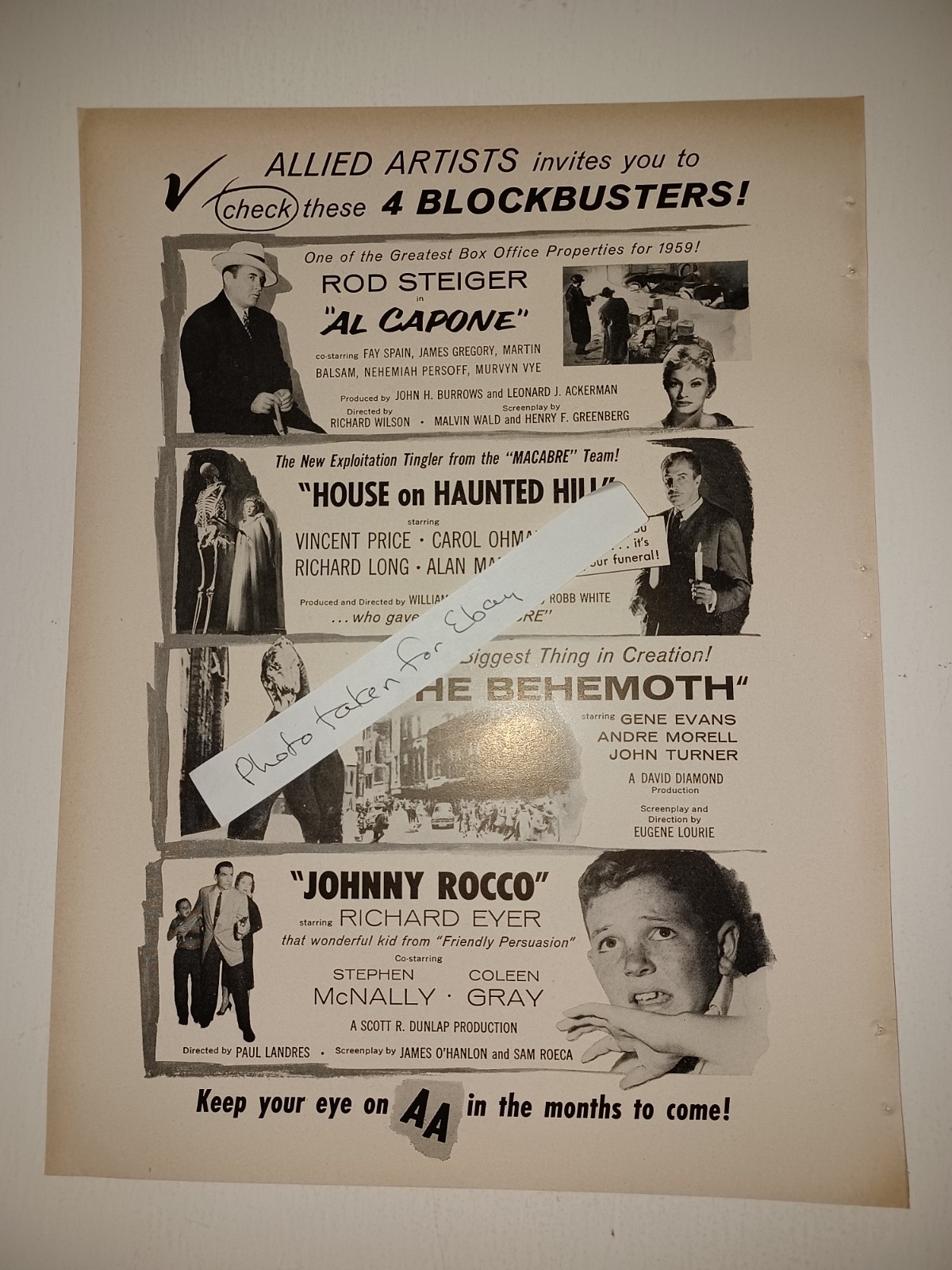 1958 Allied Artists Vincent Price Richard Eyer Jean Willes 9×12 clipping
