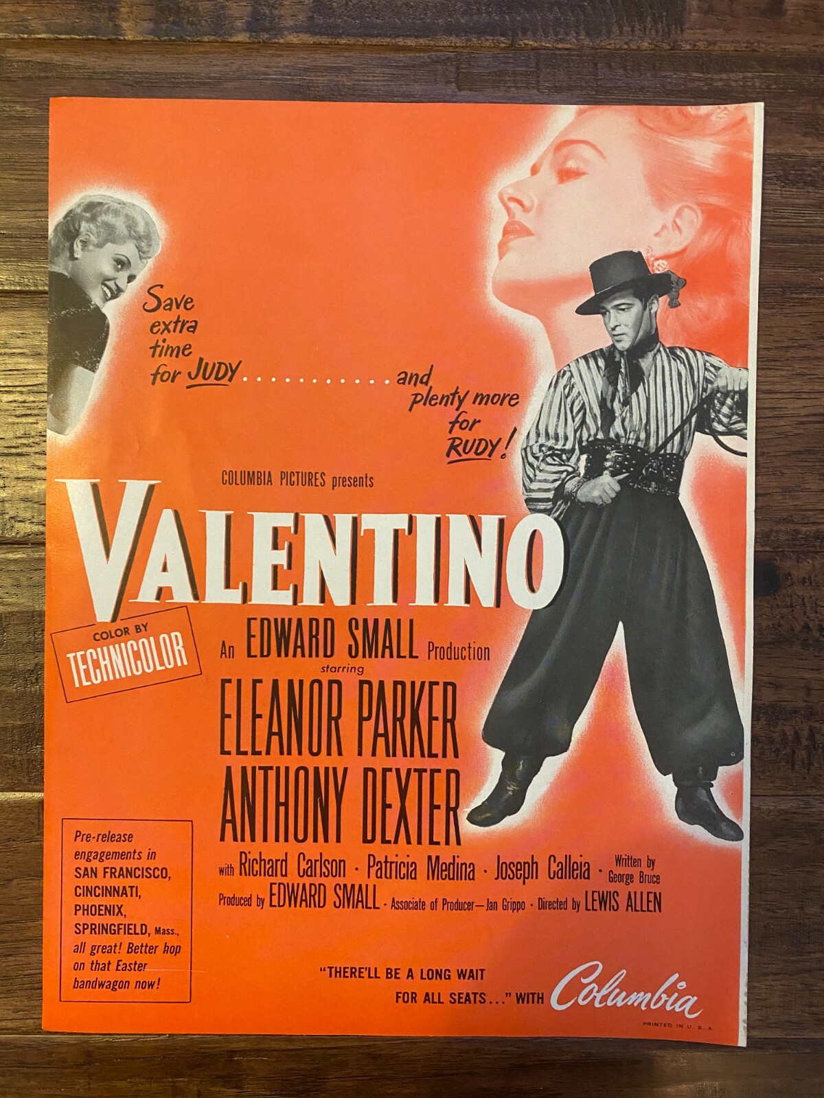 Vintage “VALENTINO” {Eleanor Parker & Anthony Dexter} “MOVIE PROMO” Insert RARE!
