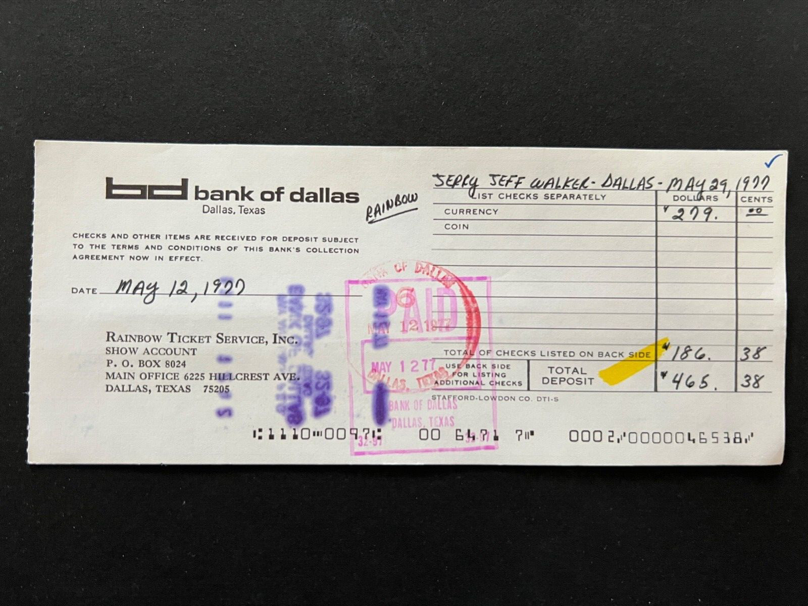 Jerry Jeff Walker Dallas Texas May 29 1977 Concert Deposit from Ticket Sales 1