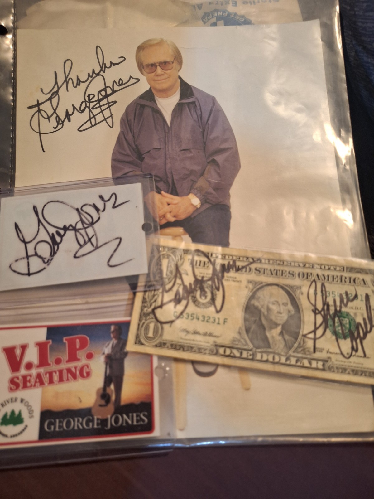 George Jones ORIGINAL signed lot River Woods VIP passes dollar bill, 8X10 Possum