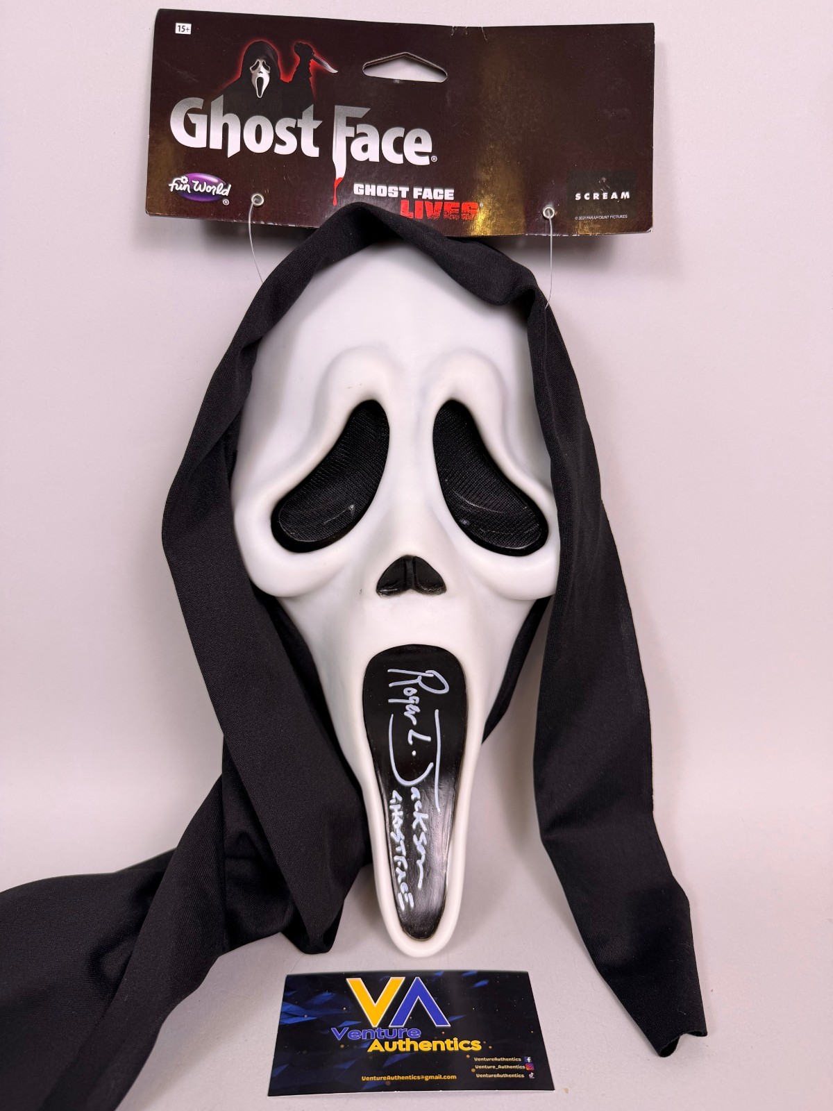 Roger L. Jackson Signed Ghost Face Fun World Scream Mask w/ JSA WITNESS COA