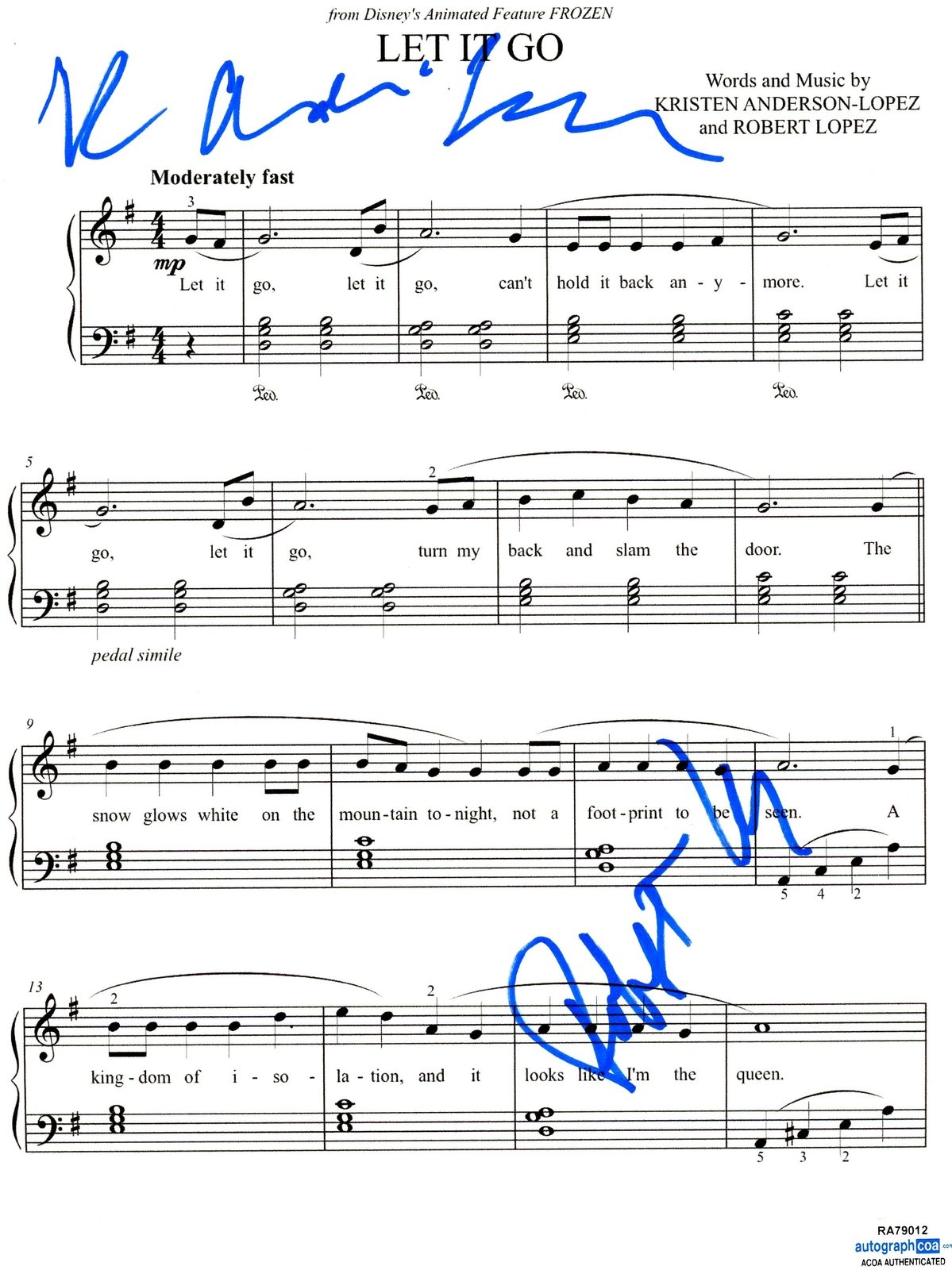 Kristen Anderson-Lopez & Robert Lopez “Frozen” SIGNED Let It Go Sheet Music ACOA
