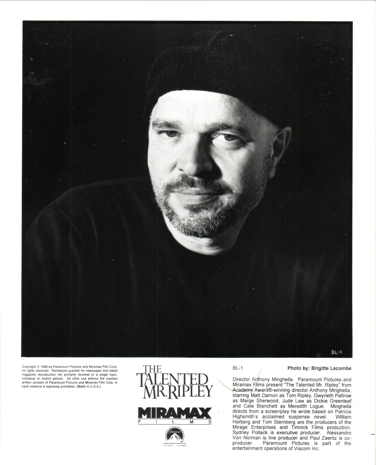 The Talented Mr Ripley Anthony Minghella 1990 Miramax 8×10 B&W Press Photo