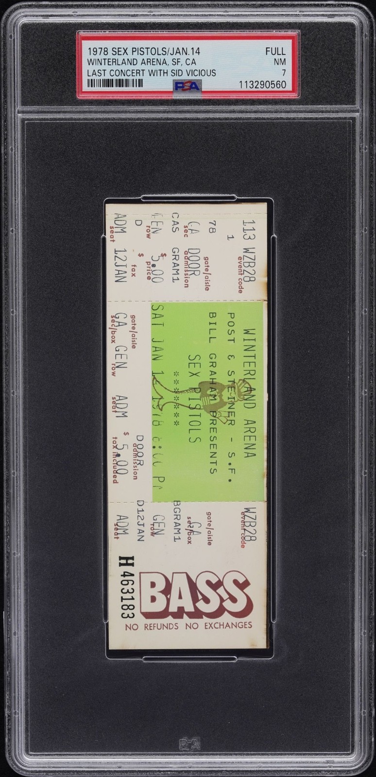 1978 SEX PISTOLS FULL CONCERT TICKET PSA 7 NM LAST PERFORMANCE OF ORIGINAL BAND