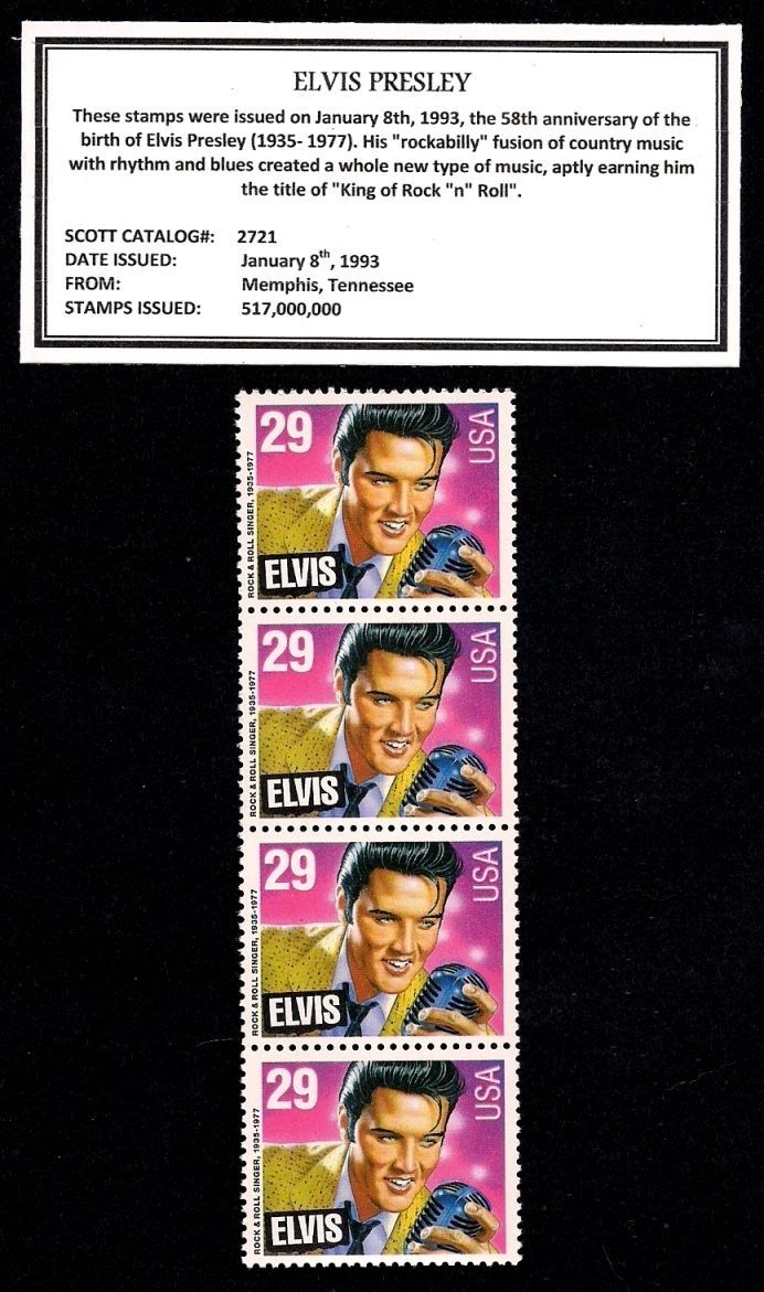 US #2721-1993 – Elvis Presley 29¢ Mint Never Hinged Strip of 4 Postage Stamps