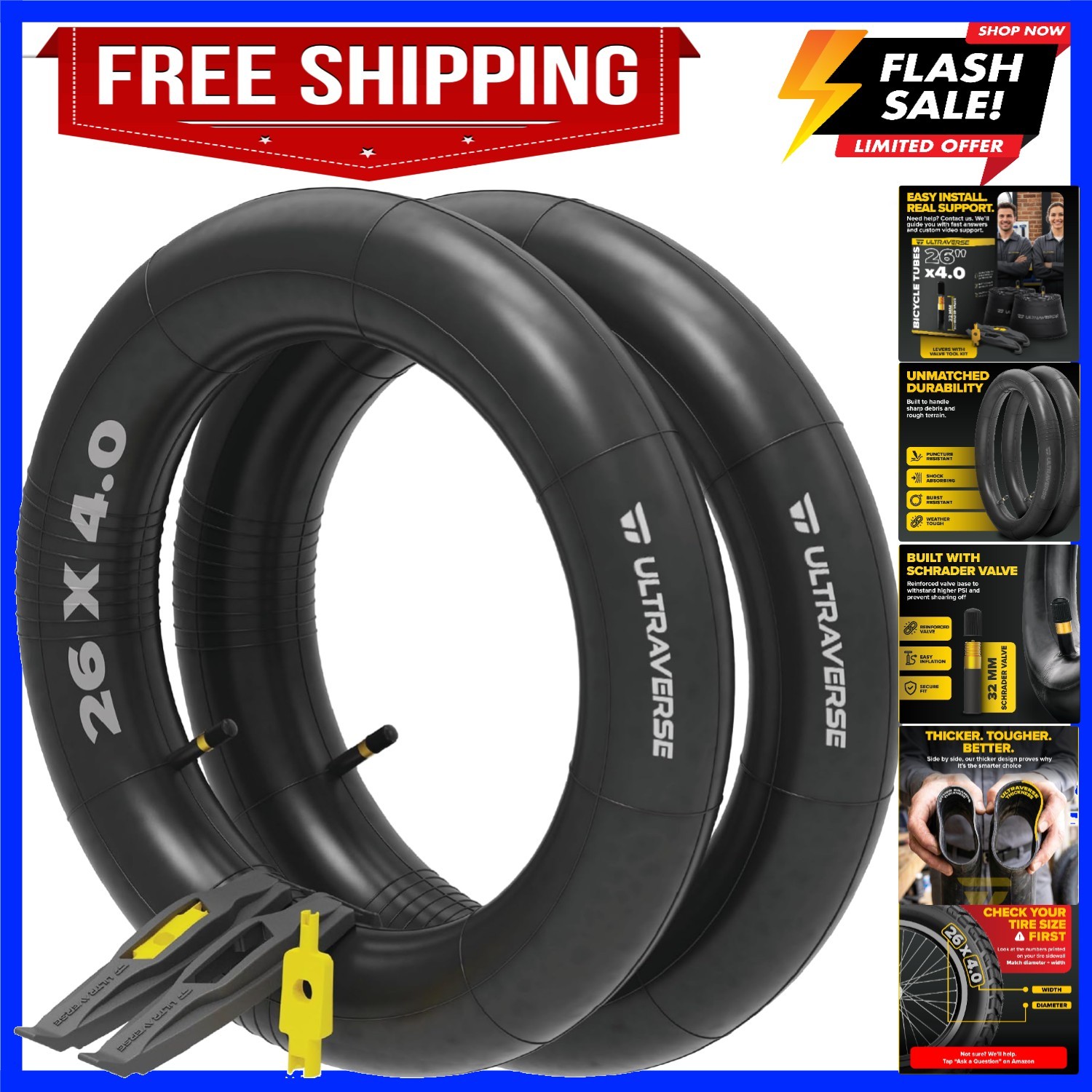 20×4.0, 24×4.0, 26×4.0, 20×3.0, 26×3.0, 16×3.0, Inner Tube Set with Schrader …