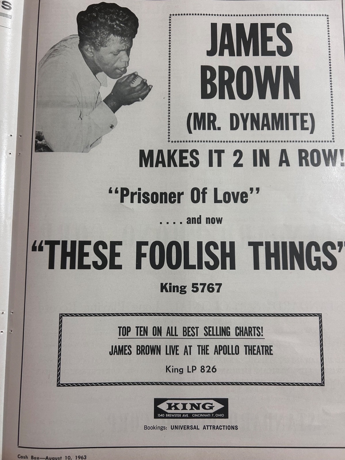 JAMES BROWN – 1963 Promo Display Ad 10×14 RARE ORIGINAL “Mr. Dynamite” King Rec