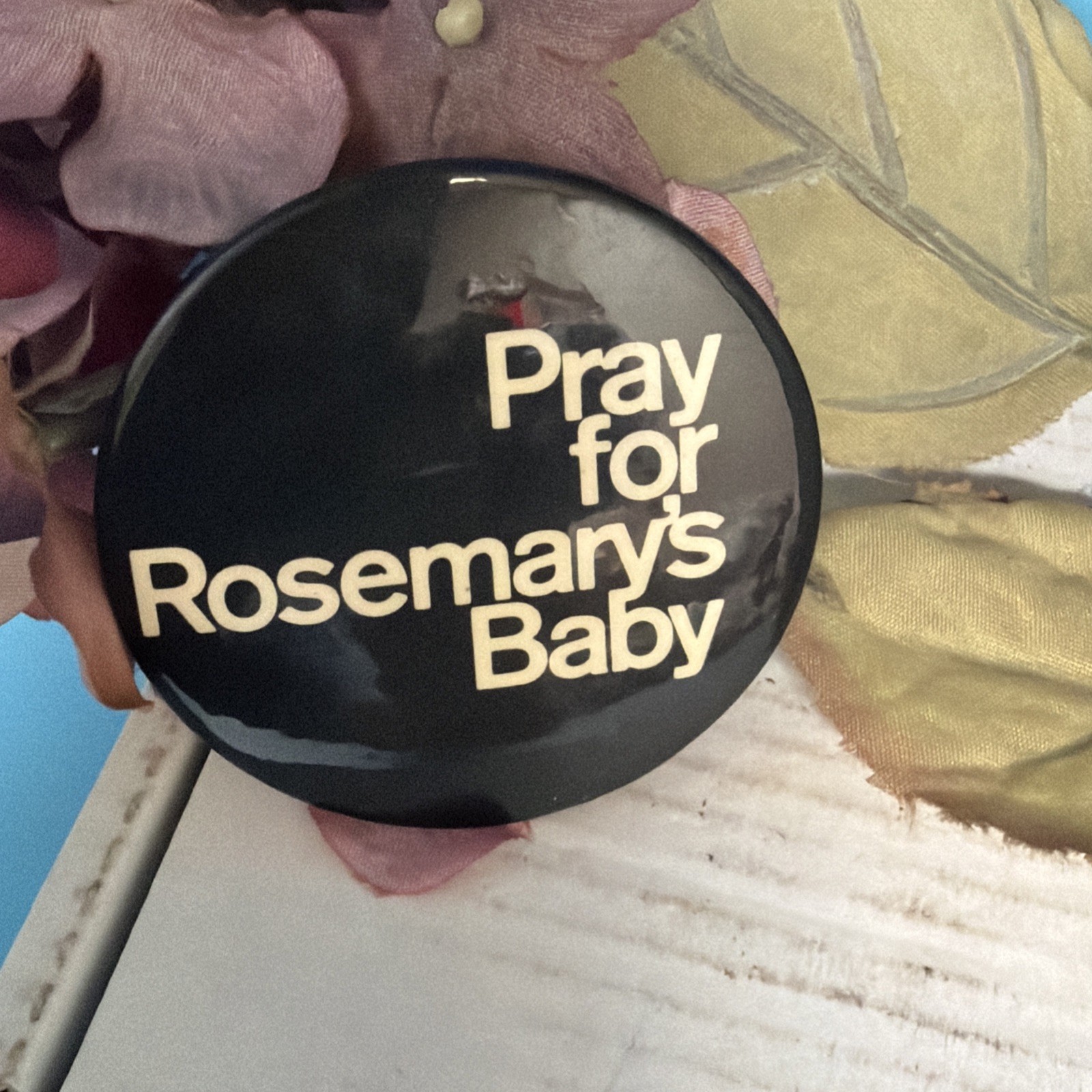 Vintage 1968 Pray for Rosemary’s Baby Pinback Button Black and White Movie Promo