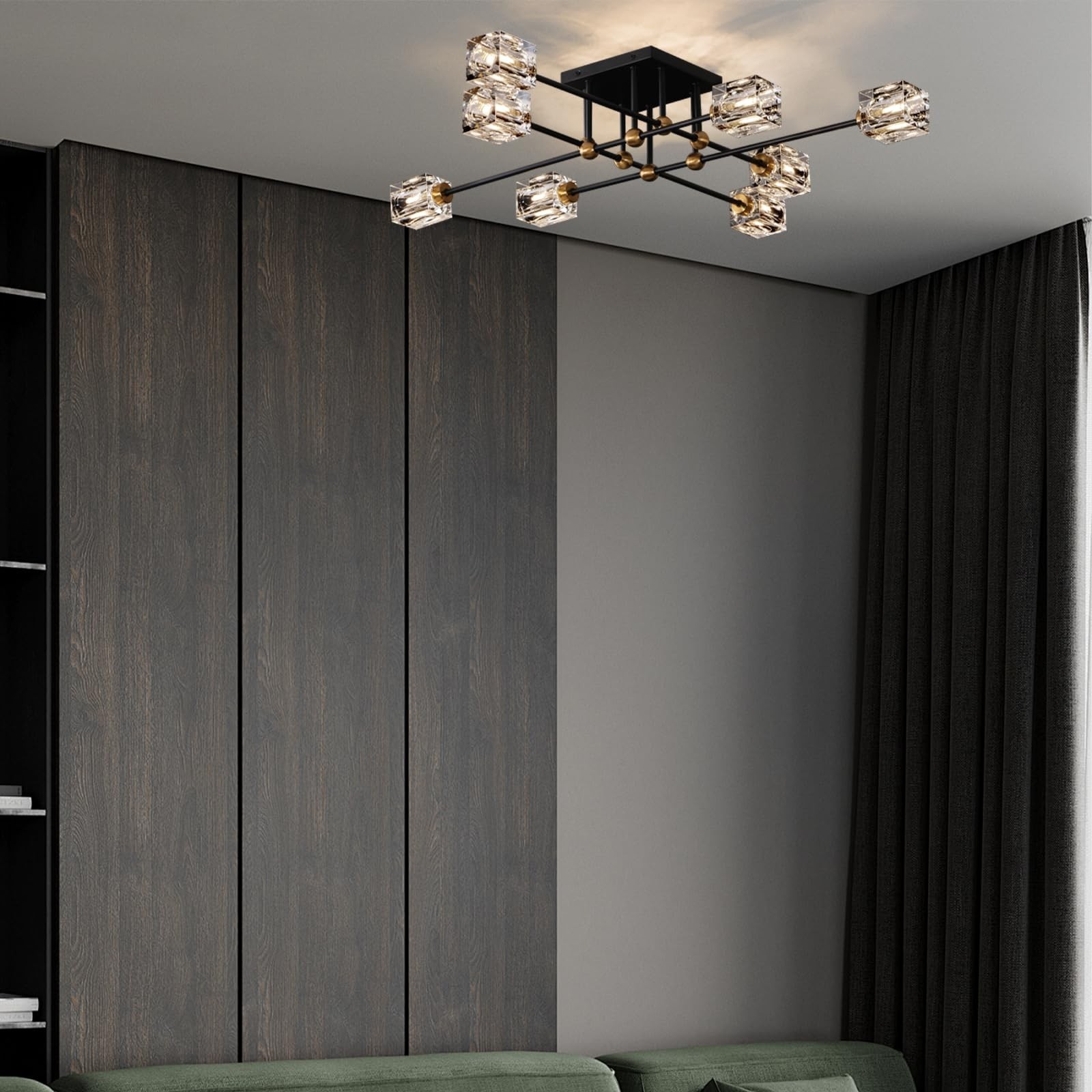 Modern Crystal Ceiling Light Fixture 13-Lights Black and Gold Semi Flush Moun…