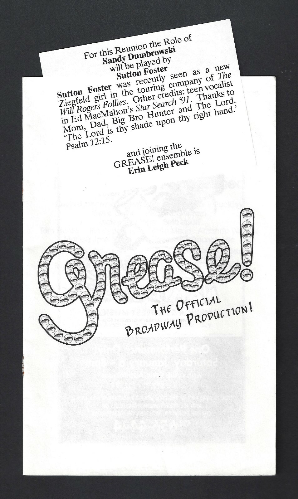 Sutton Foster “GREASE” Debbie Gibson / Adrian Zmed 1995 Knoxville Playbill