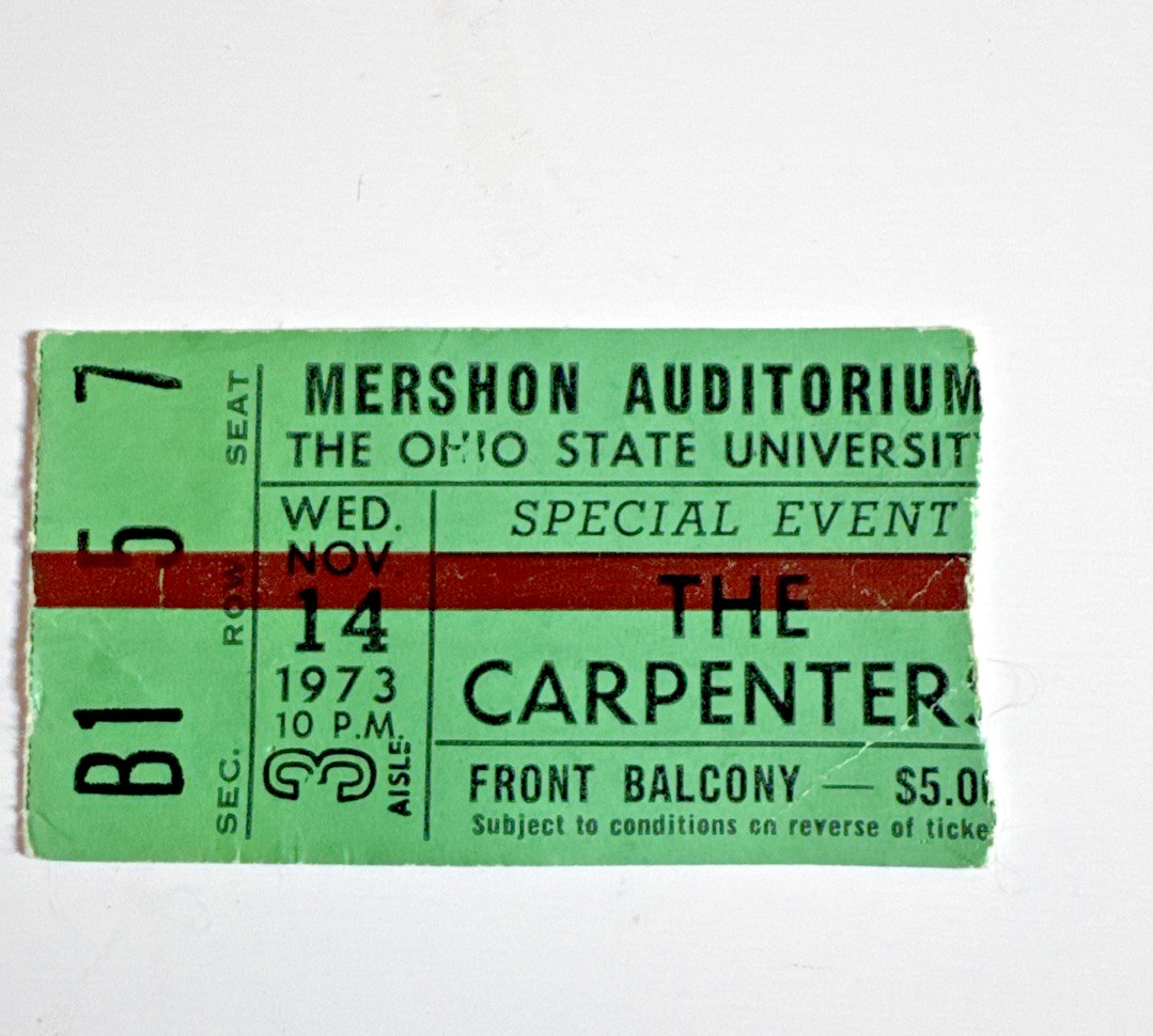 Vintage 1973 Carpenters Concert Ticket Stub OSU Mershon Auditorium