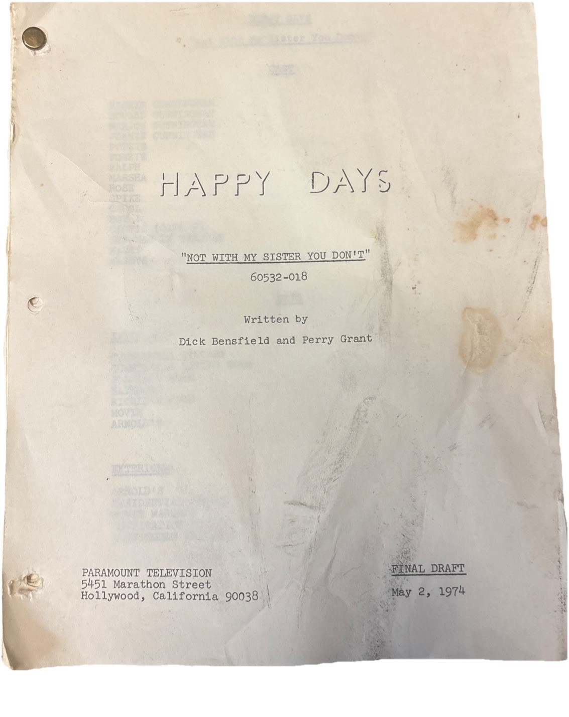 1974 Happy Days TV Script Final Draft Not With My Sister You Don’t Paramount