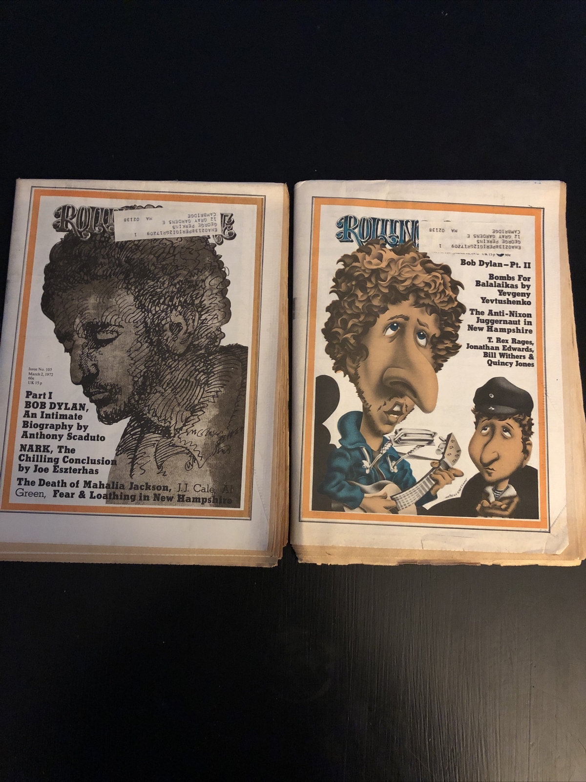 Bob Dylan Part 1 & Part 2 (#103-104) ROLLING STONE MAGAZINE – 3/2 & 3-16 1972!