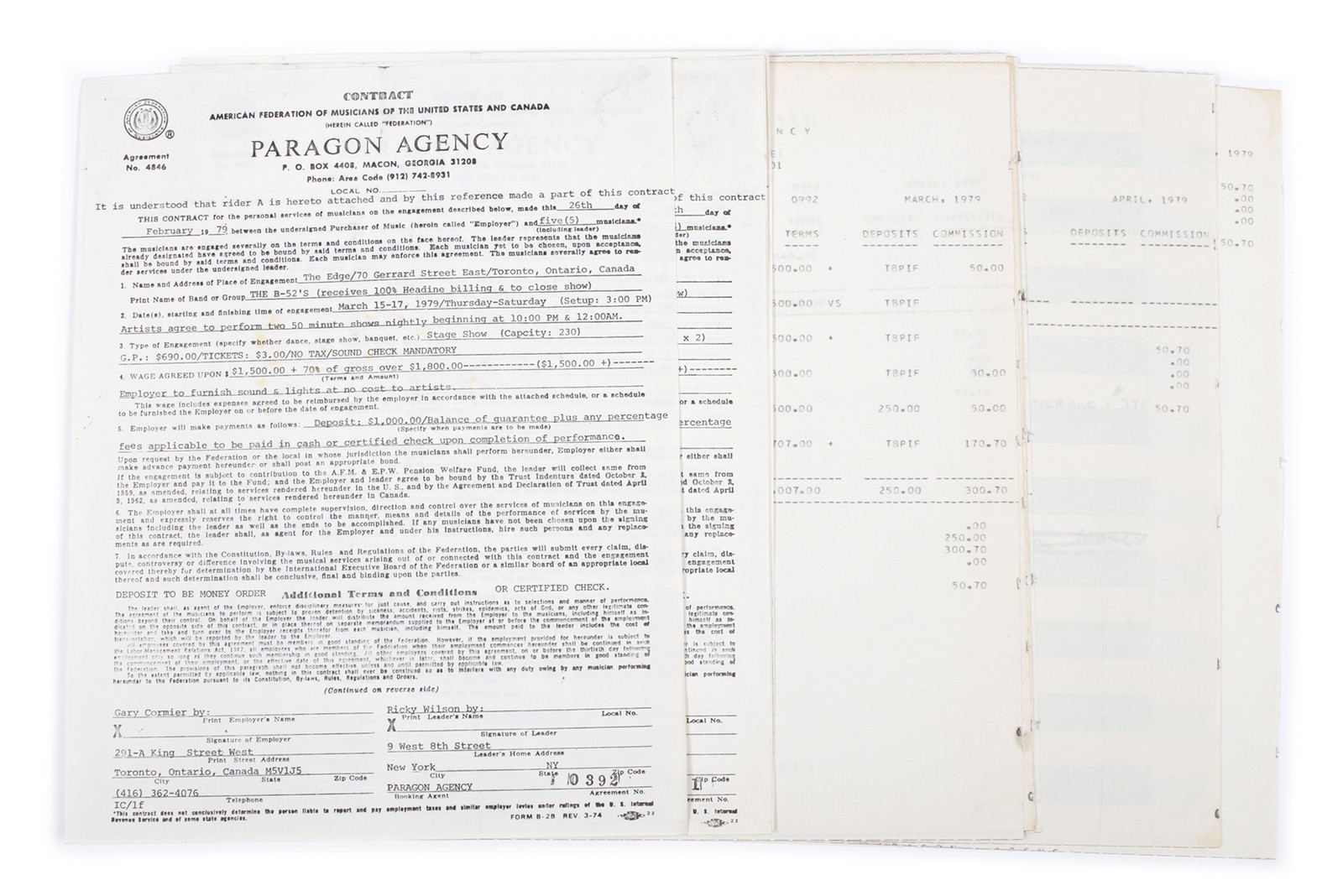 B-52s 1979 Concert Contracts & Accounting Paperwork Lot-Paragon Agency