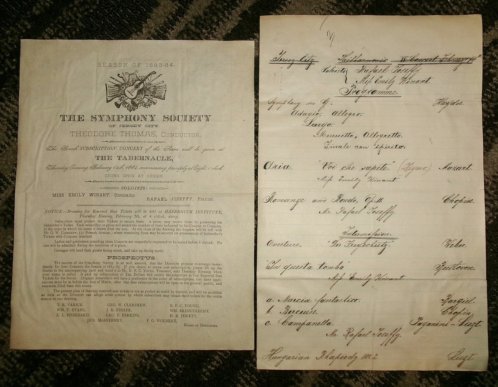 Rafael Joseffy Piano 1886 Lot Signed Document Program Flyer Theodore Thomas RARE