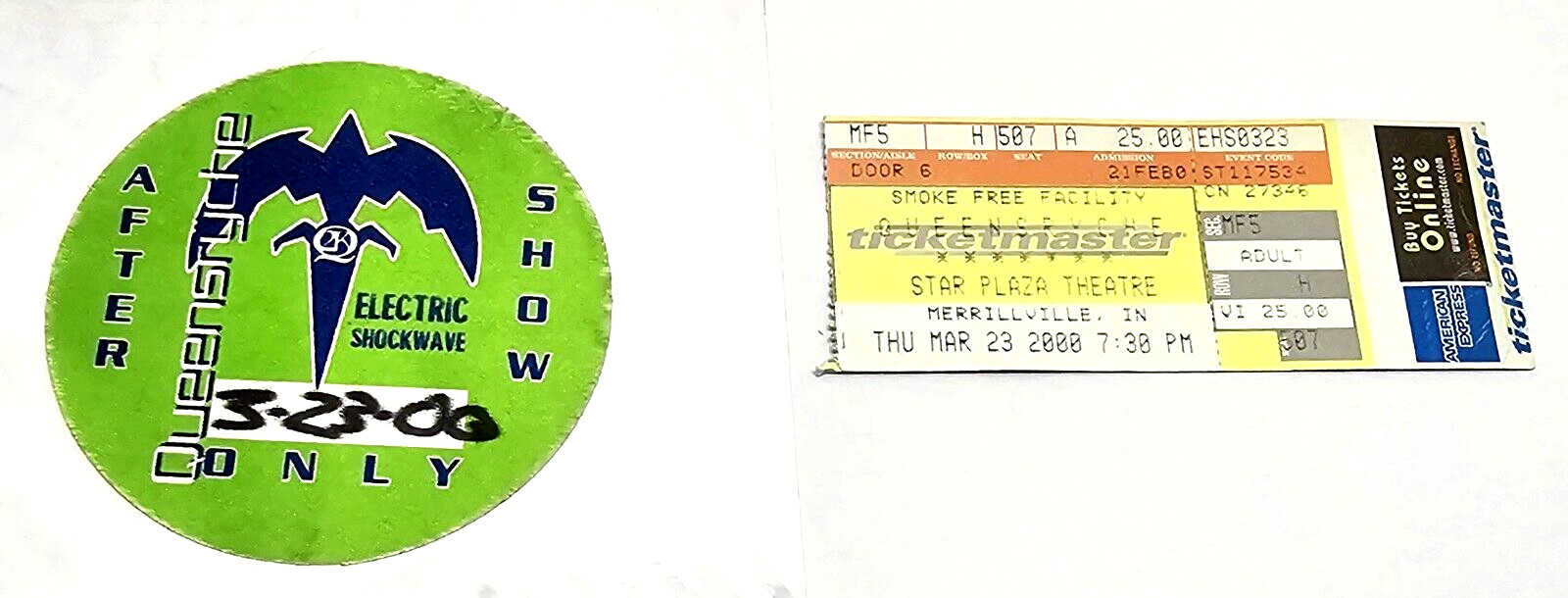 Queensryche Electric Shockwave Stub & Backstage Pass Star Plaza March 23, 2000