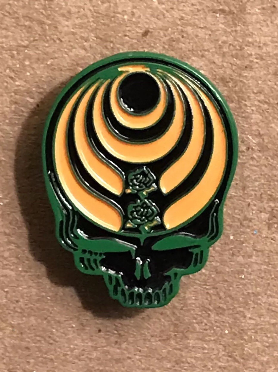 Grateful Dead Green & Orange Skull with Roses Pin. Bassnectar. Steal Your Face.