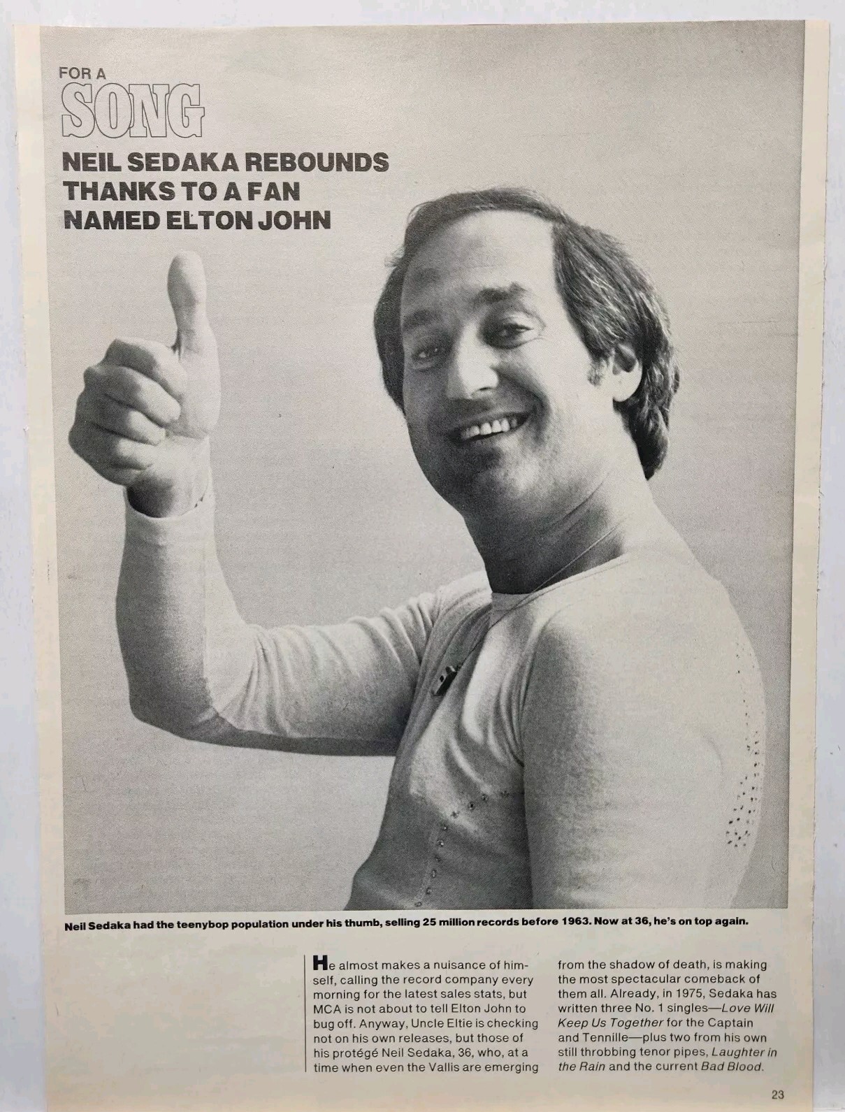 1975 Neil Sedaka At 36 Rock Pop Retro Original Print Ad 70’s