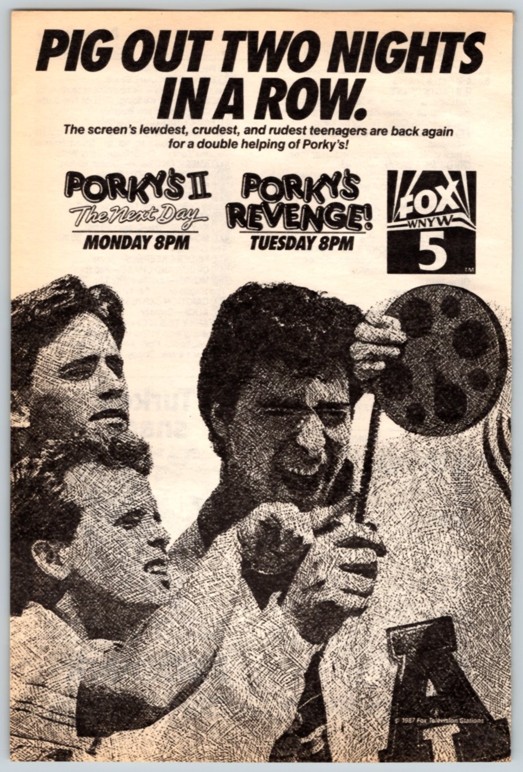 1987 PORKY’S II & PORKY’S REVENGE 5″X7.5″ MOVIE AD WNYW Ch. 5 NYC TV30