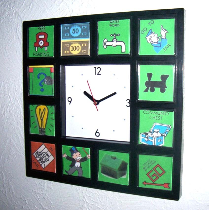 Monopoly Board Game Pieces Pennybags Money Railroad GO Clock with 12 pictures