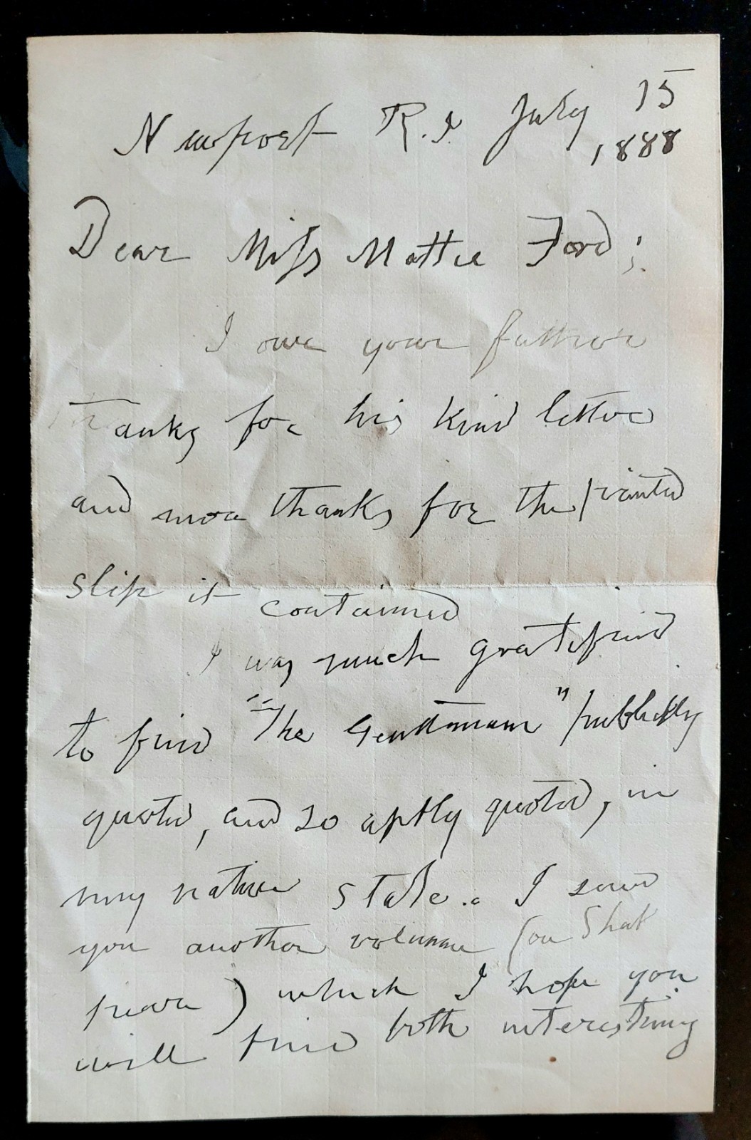 George Henry Calvert 1888 Ltr to Actress Martha Ford – John T Ford Family