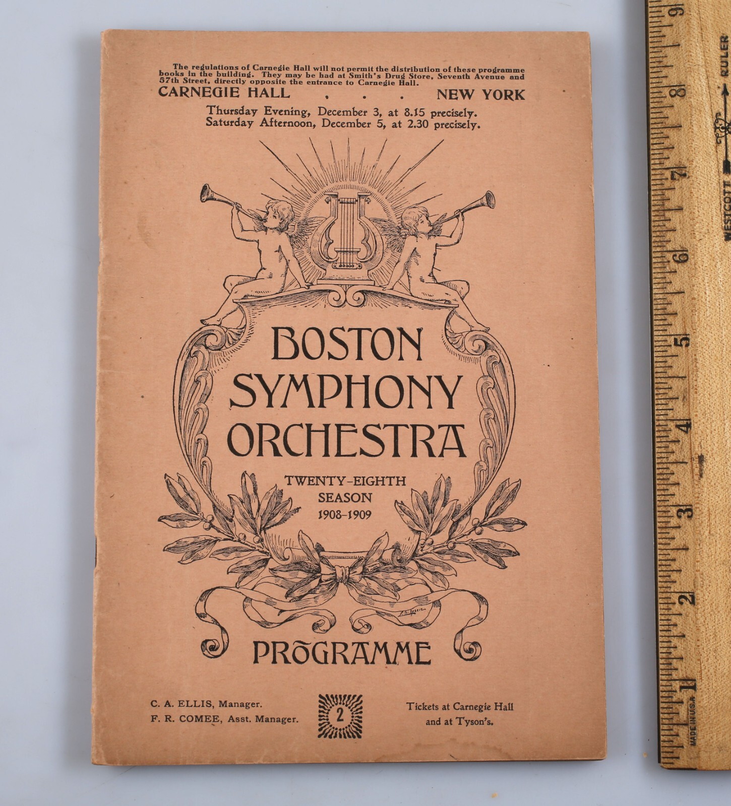 Vintage 1908 Boston Symphony Orchestra Carnegie Hall Program Max Fiedler