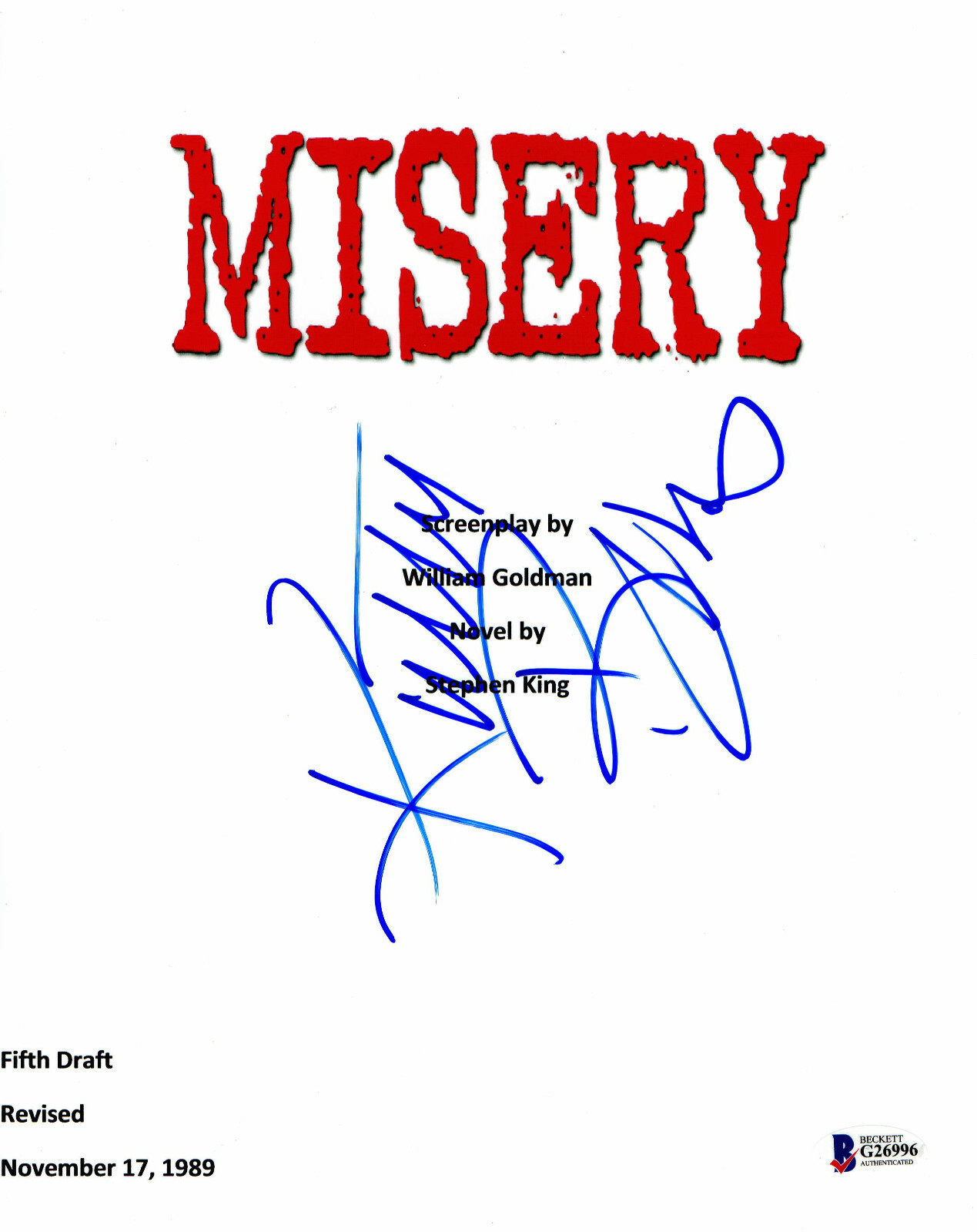 KATHY BATES SIGNED AUTOGRAPH MISERY FULL SCRIPT BECKETT BAS